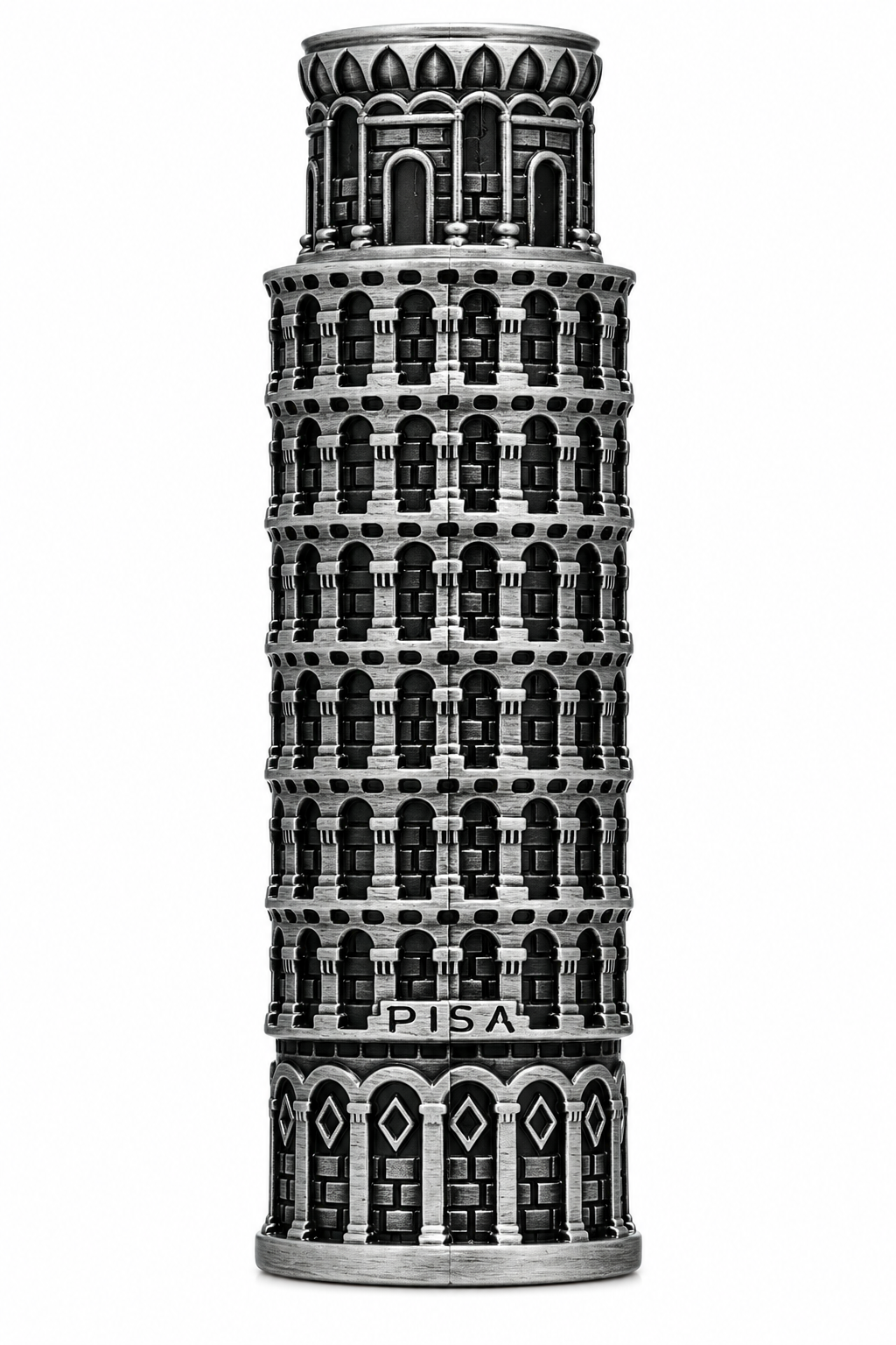 Lattafa Pisa 100ml presented in its distinctive architectural bottle inspired by the Leaning Tower of Pisa, featuring intricate black and antique silver detailing, sculpted arches and the PISA name engraved across the front, photographed against a clean white background.