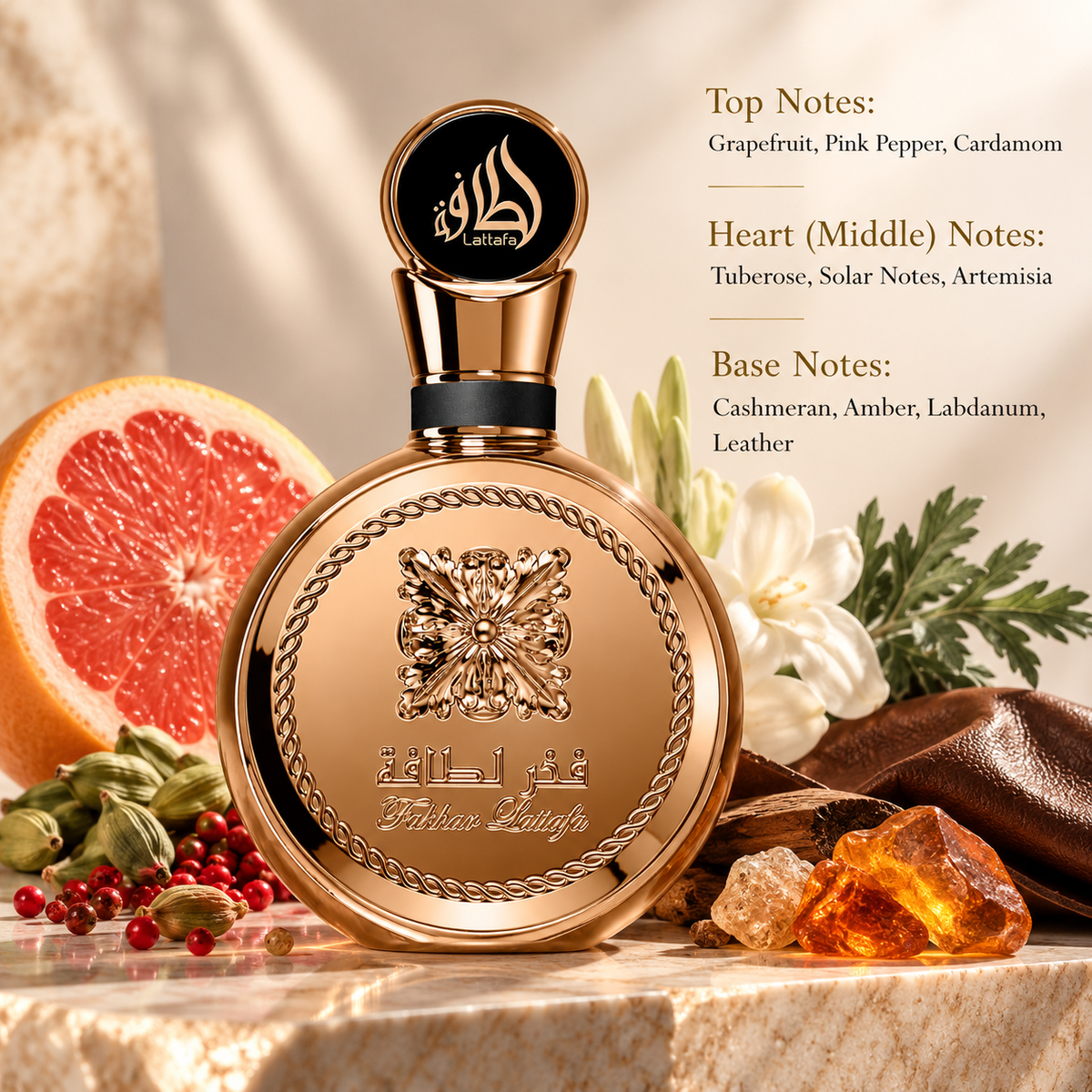 Lattafa Fakhar Gold presented in an opulent round metallic rose-gold bottle with intricate embossed detailing, an ornamental centerpiece and a distinctive black and gold circular cap, photographed against a clean white background.