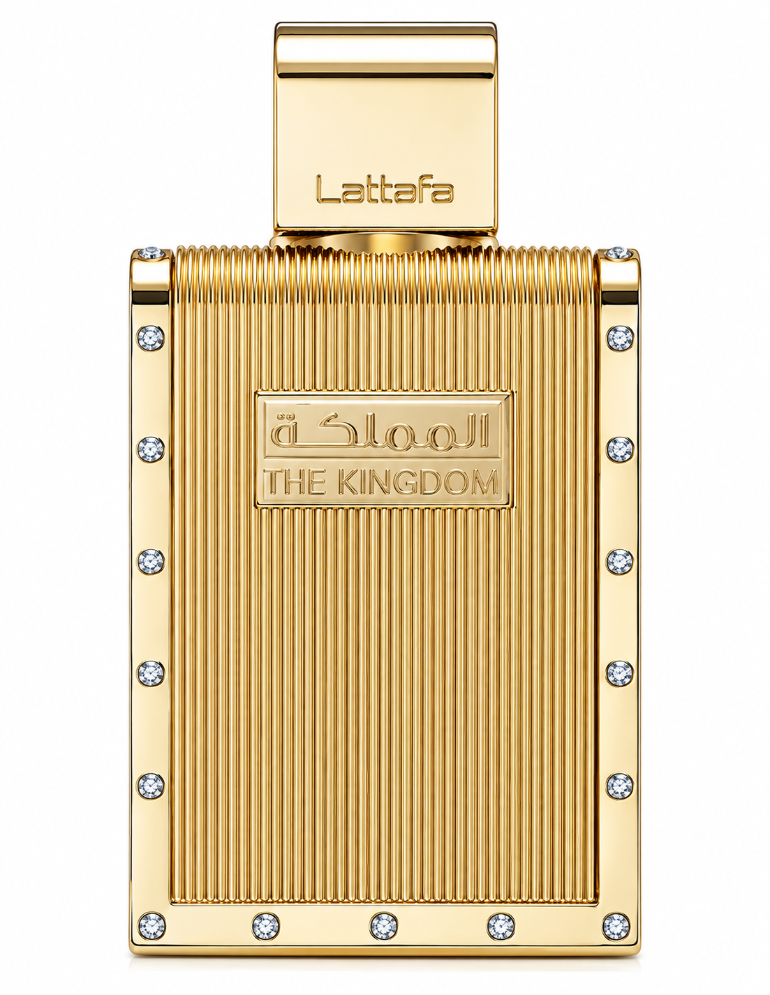 Lattafa The Kingdom Man presented in its luxurious full-gold bottle, featuring a vertically ribbed metallic finish, crystal-like details around the frame and the signature embossed The Kingdom plaque, photographed on a pure white background.