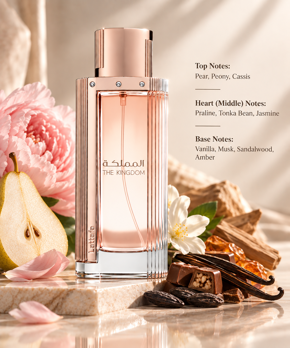 Lattafa The Kingdom Women 100ml Eau de Parfum displayed in a feminine, luxurious composition with pear, pink peony, jasmine, praline, tonka bean, vanilla, sandalwood and warm amber accents, reflecting its sweet, floral, creamy and sophisticated fragrance character.