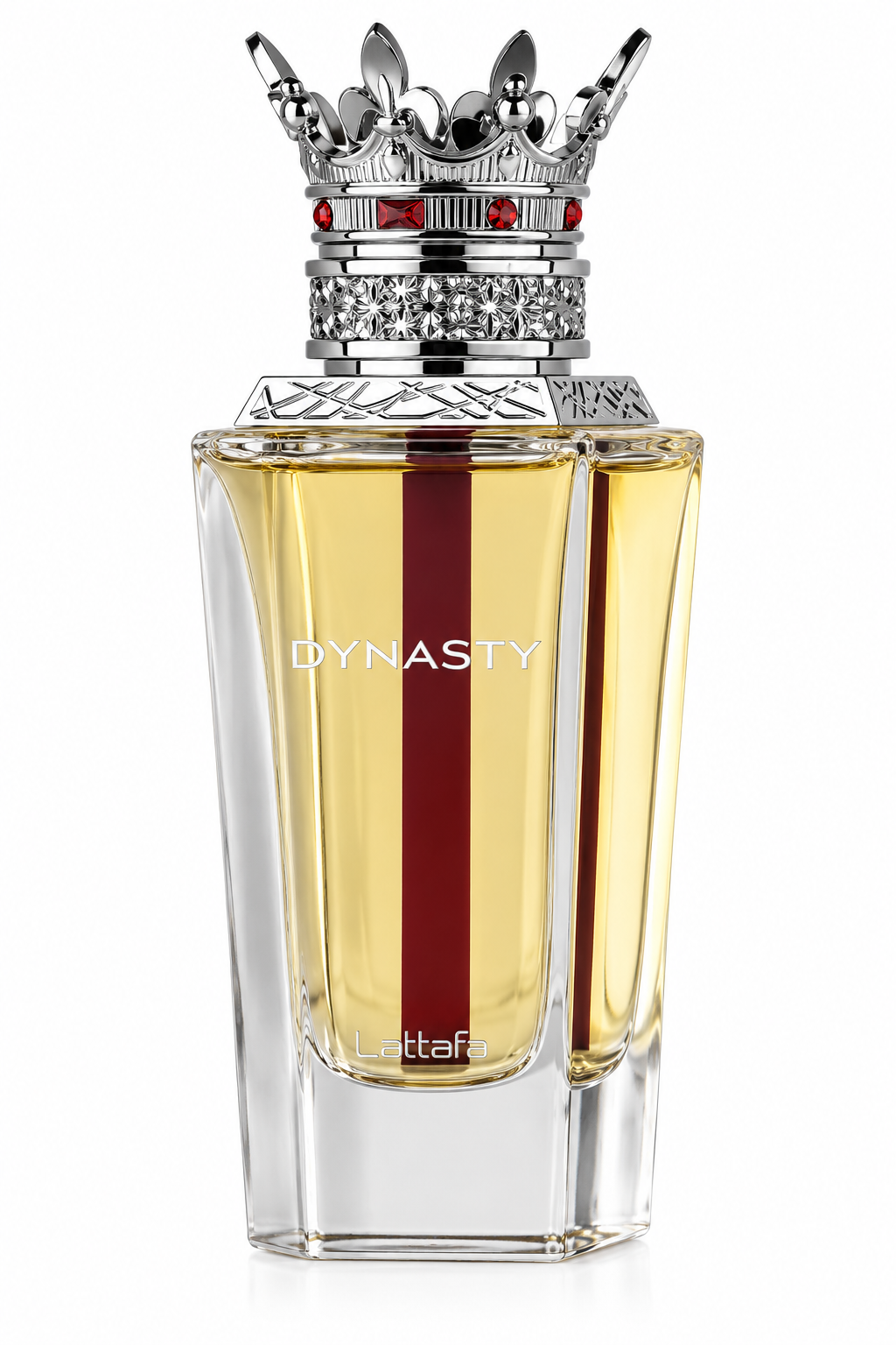 Lattafa Dynasty 100ml presented in a refined transparent glass bottle filled with golden fragrance, accented by a deep red vertical detail and an elaborate silver crown-shaped cap with red gemstones, photographed against a clean white background.