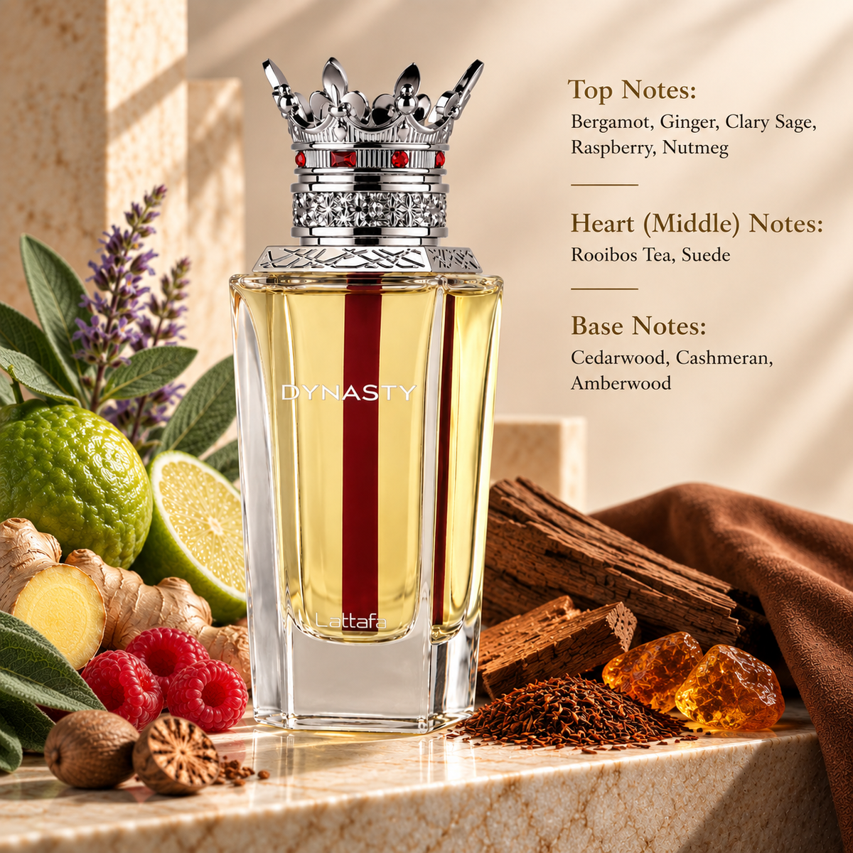 Lattafa Dynasty 100ml displayed in a sophisticated warm-toned composition with bergamot, ginger, clary sage, raspberry, nutmeg, rooibos tea, suede, cedarwood and amber woods, reflecting its spicy, woody and elegant fragrance character.