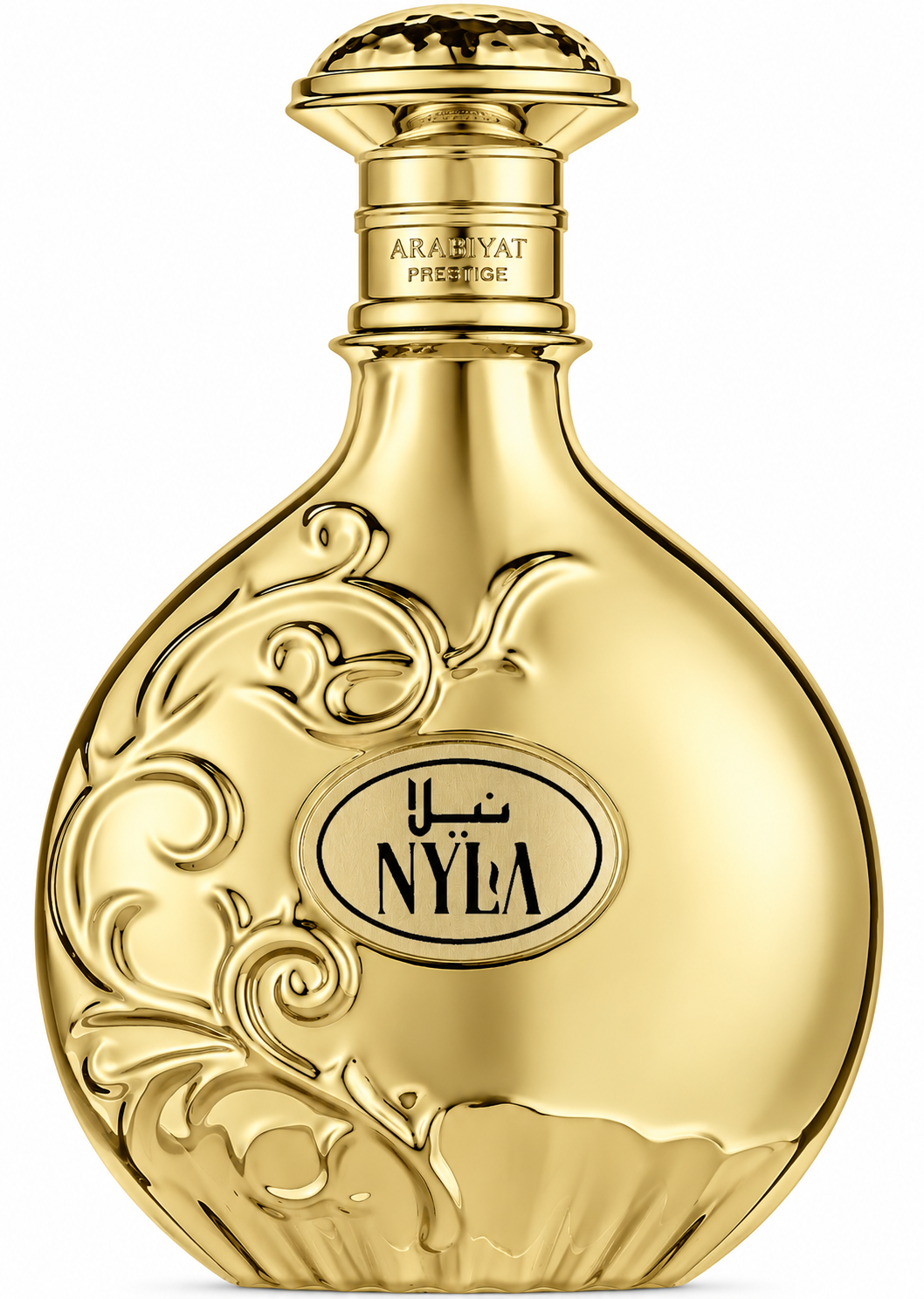 Arabiyat Prestige Nyla Vani-Elle 80ml Eau de Parfum in an ornate metallic gold bottle with embossed floral detailing, elegant oval Nyla emblem and a sculptural gold cap, presented on a clean white background.