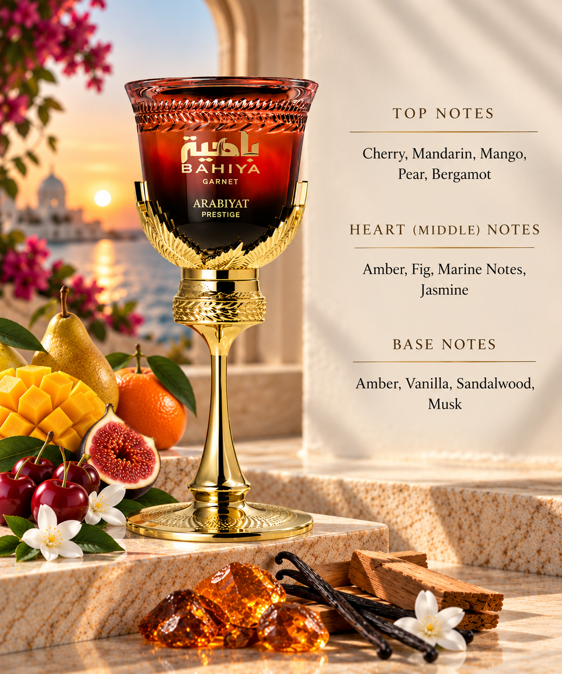 Arabiyat Prestige Bahiya Garnet presented in a luxurious, sun-drenched Mediterranean setting. Juicy cherry, mandarin, mango, pear and bergamot create a vibrant fruity opening, followed by amber, fig, marine nuances and jasmine. A warm base of amber, vanilla, sandalwood and musk adds a smooth, sensual finish.