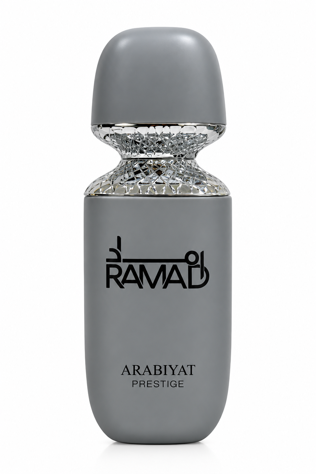 Arabiyat Prestige Ramad 100ml Eau de Parfum in a sophisticated matte grey bottle with intricate silver lattice detailing, black logo and elegant minimalist design, presented on a clean white background.