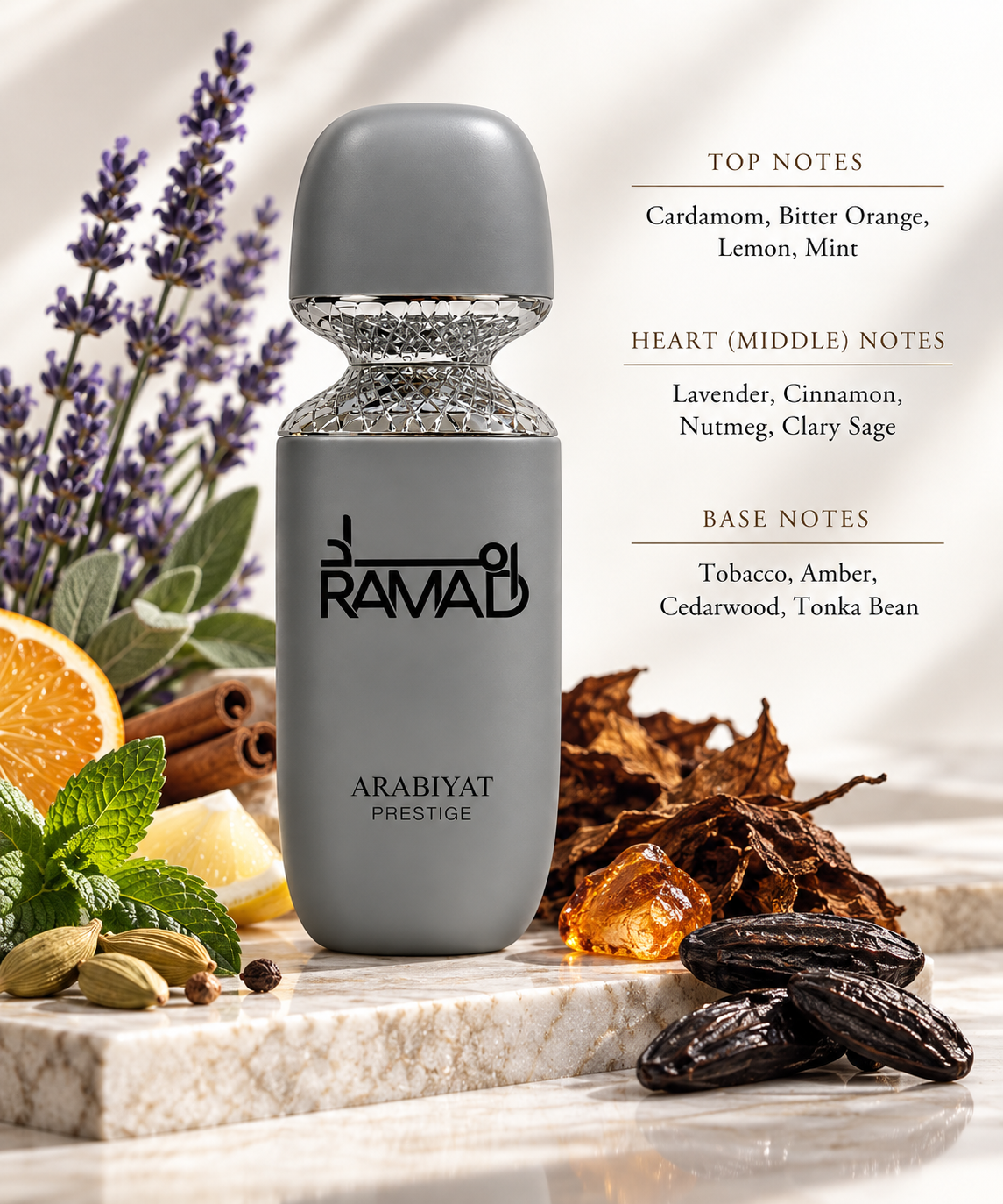 Arabiyat Prestige Ramad 100ml Eau de Parfum presented with its fragrance notes: cardamom, bitter orange, lemon, mint, lavender, cinnamon, nutmeg, clary sage, tobacco, amber, cedarwood and tonka bean.