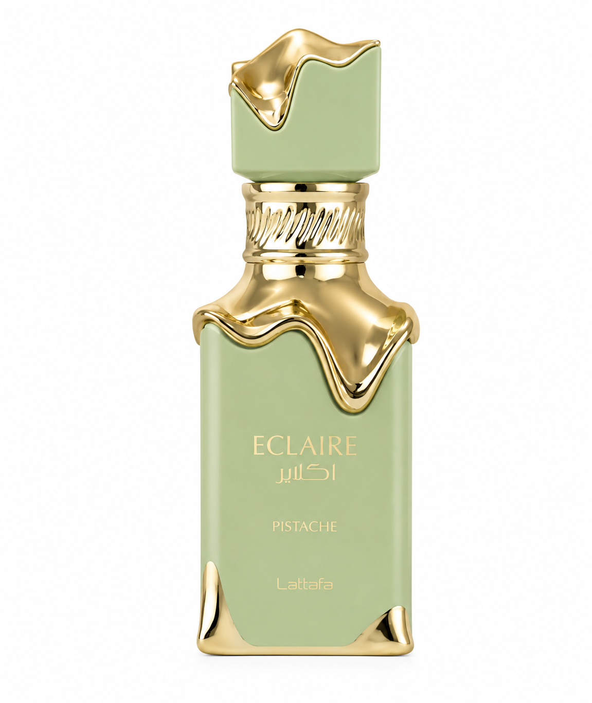 Lattafa Eclaire Pistache Eau de Parfum 100ml presented on a pure white background, featuring a luxurious pastel pistachio green bottle with elegant molten gold accents and an artistic sculpted cap, showcasing its premium craftsmanship and indulgent gourmand-inspired design.