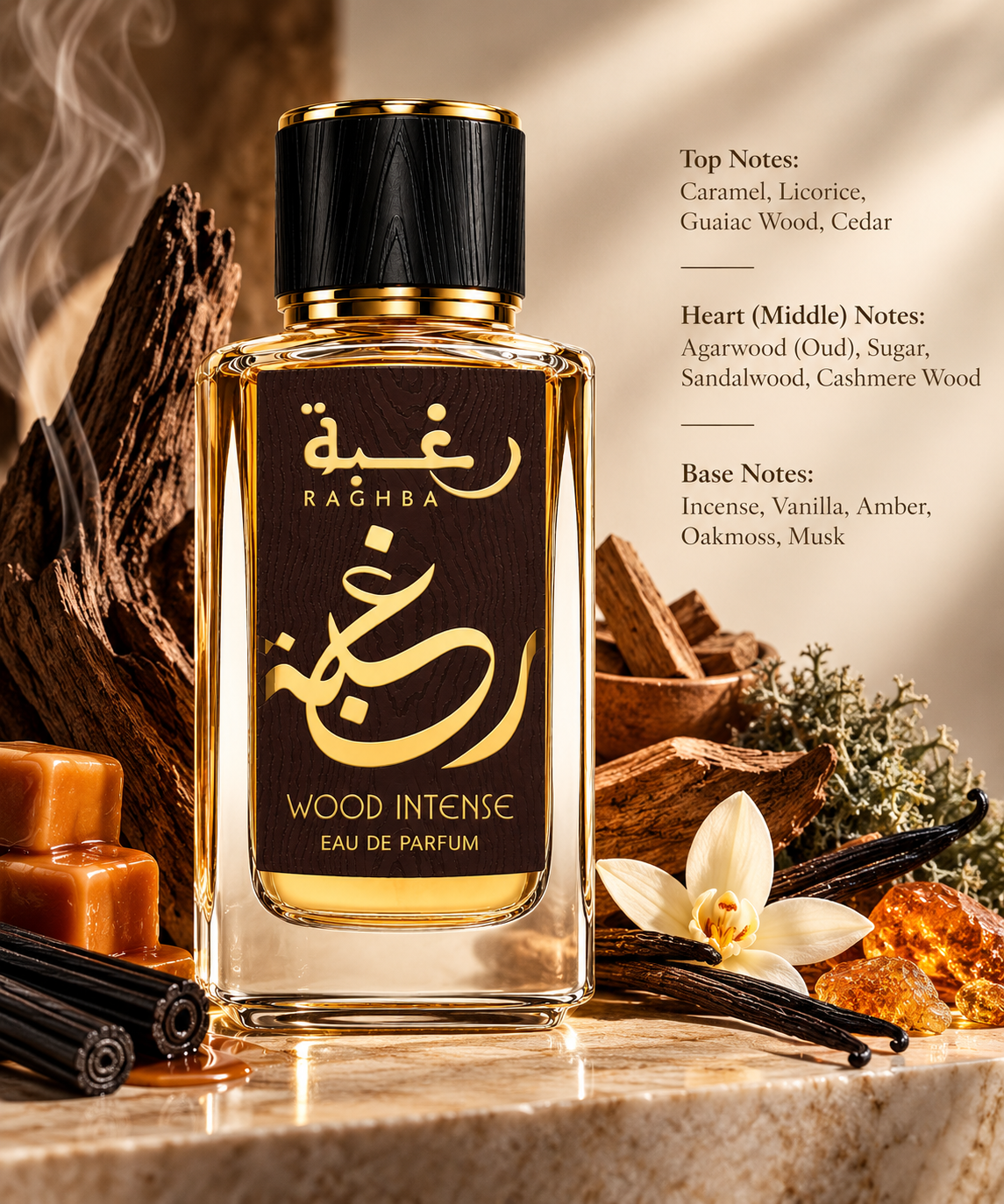 Lattafa Raghba Wood Intense 100ml displayed in a rich, warm woody composition inspired by its gourmand and smoky character, featuring caramel, licorice, guaiac wood and cedar, layered with oud, sugar, sandalwood and cashmere wood, and finished with incense, vanilla, amber, oakmoss and musk.