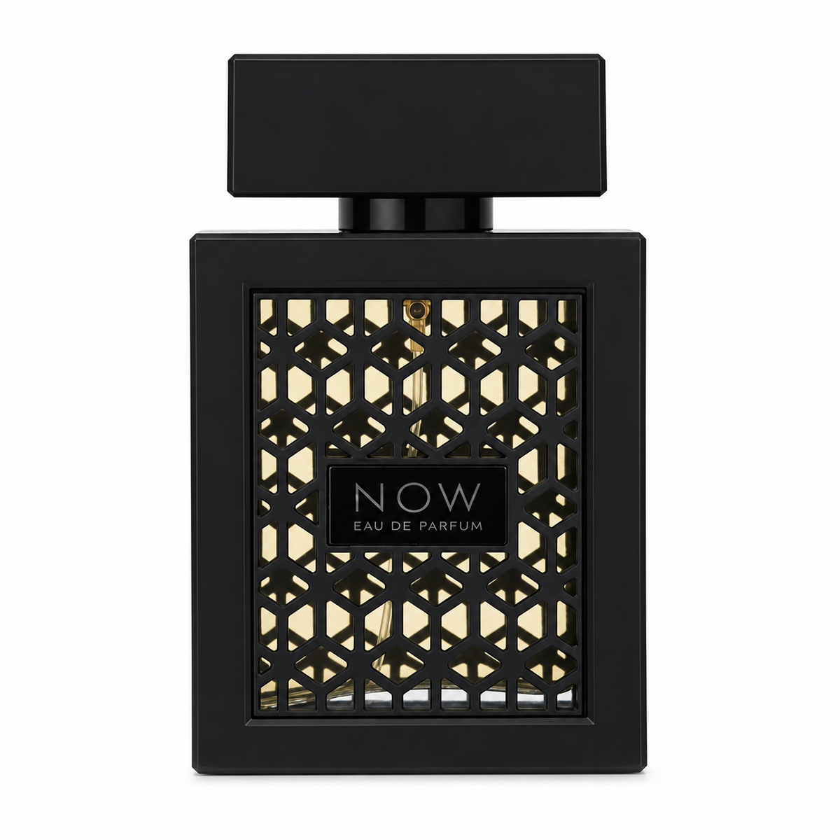 Lattafa Now Men Eau de Parfum in a luxurious matte black rectangular bottle with an intricate geometric lattice design, gold interior accents and a bold black cap. The elegant Arabic men's fragrance features a central NOW label and is photographed against a pure white background.