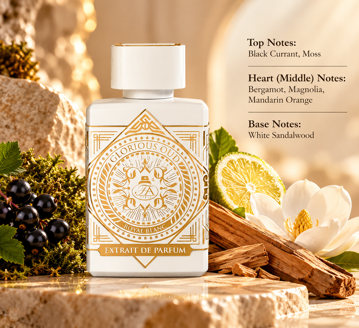 Glorious Oud Royal Blanc Extrait de Parfum presented with black currant, moss, bergamot, magnolia and mandarin accents, finished with warm white sandalwood in an elegant luxury composition.