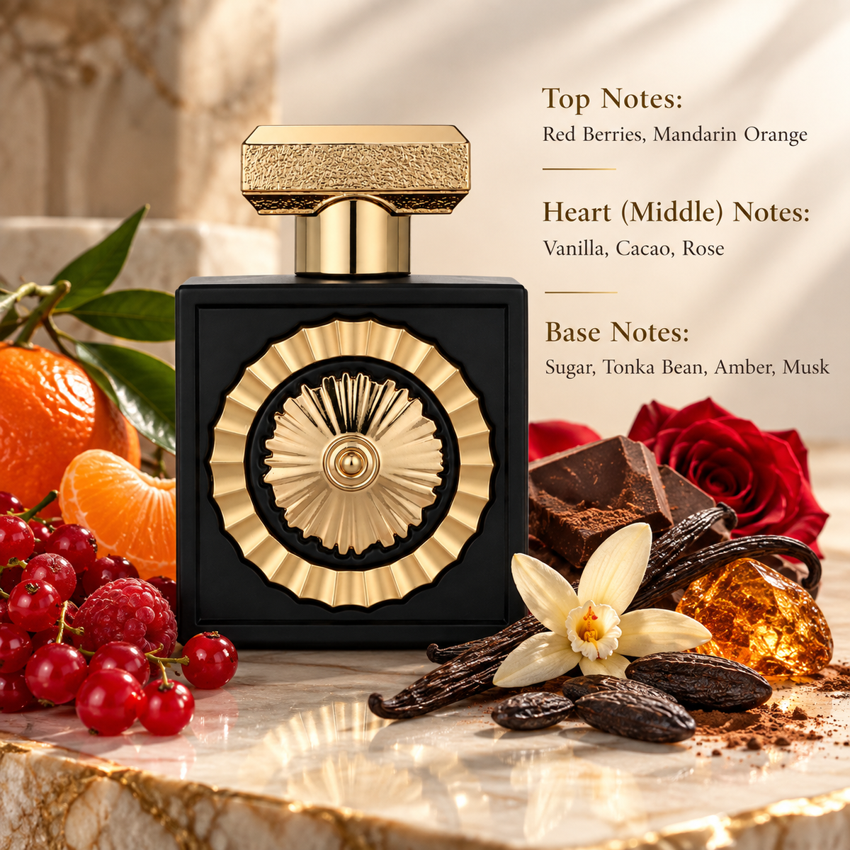 Lattafa Nebras 100ml displayed in an elegant gourmand-inspired composition, surrounded by red berries, mandarin orange, vanilla, cacao, rose and warm amber elements, highlighting its rich, sweet and sophisticated fragrance profile.