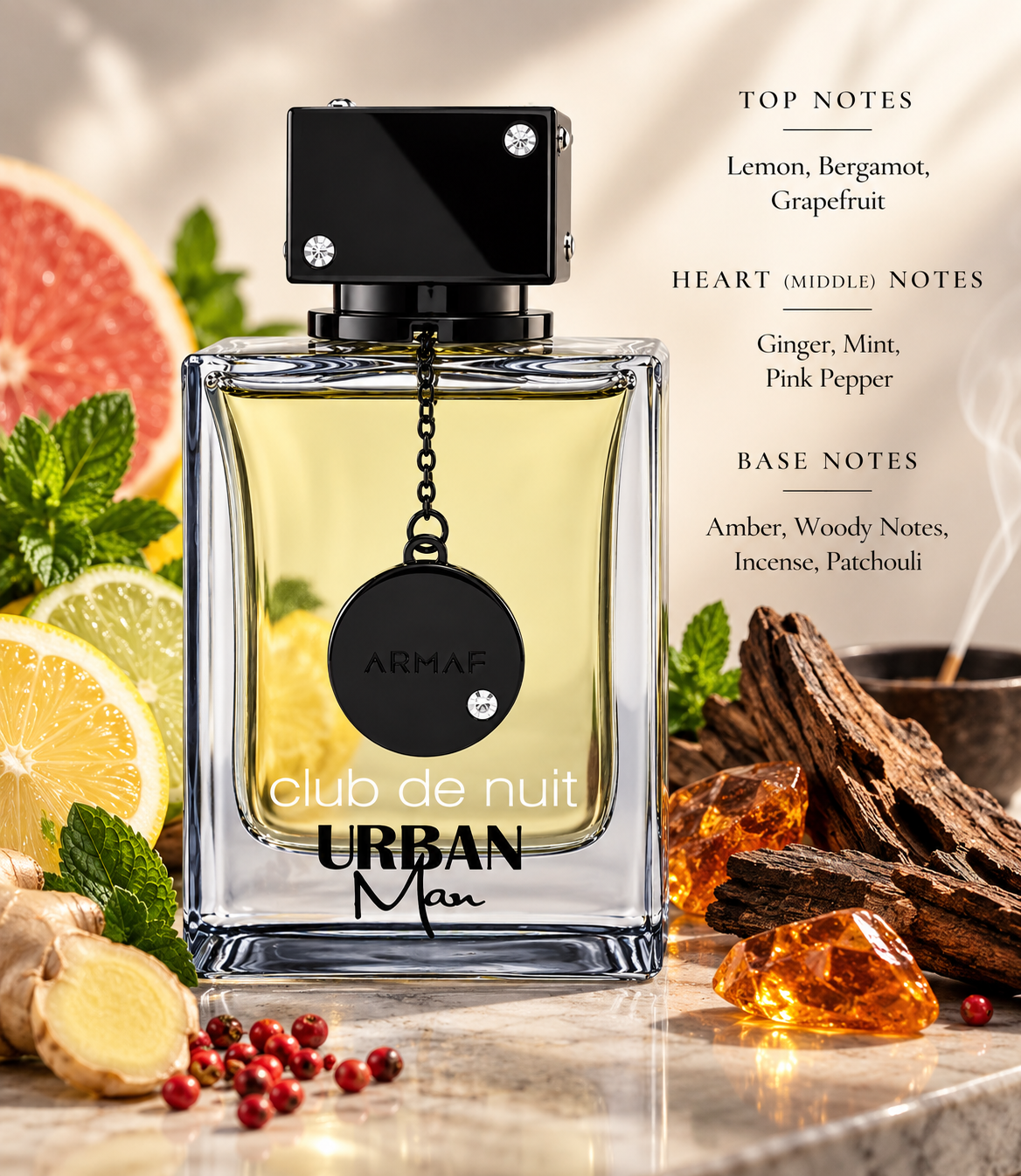 Armaf Club De Nuit Urban Man presented in a refined warm setting with lemon, bergamot, grapefruit, fresh mint, ginger, pink pepper, amber, woods, incense and patchouli-inspired elements, visually highlighting its fresh citrus, spicy and woody character alongside the Top, Heart and Base Notes.