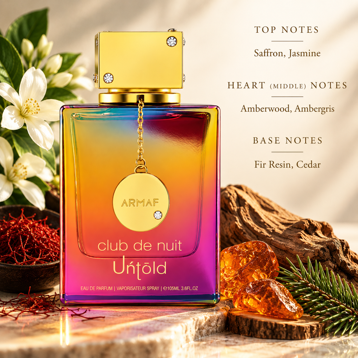 Armaf Club de Nuit Untold presented in an elegant warm setting with saffron, jasmine flowers, amber, cedarwood and fir-inspired elements, visually highlighting its rich floral, amber and woody character alongside the Top, Heart and Base Notes.