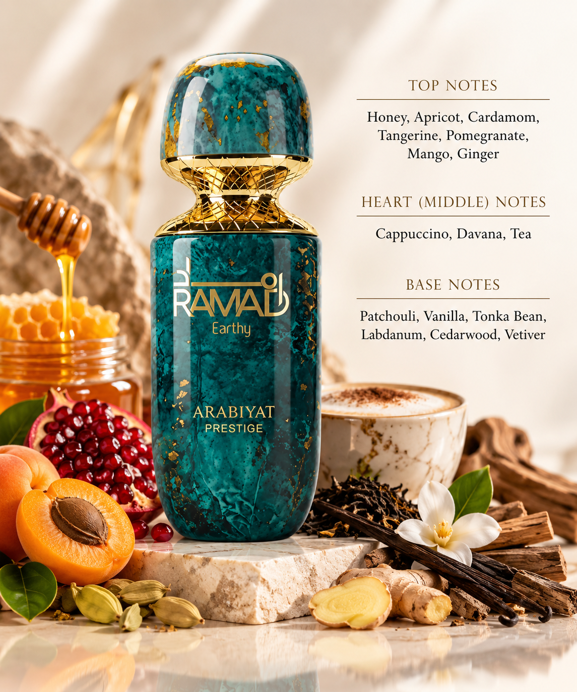 Arabiyat Prestige Ramad Earthy 100ml Eau de Parfum with notes of honey, apricot, cardamom, tangerine, pomegranate, mango, ginger, cappuccino, davana, tea, patchouli, vanilla, tonka bean, labdanum, cedarwood and vetiver.