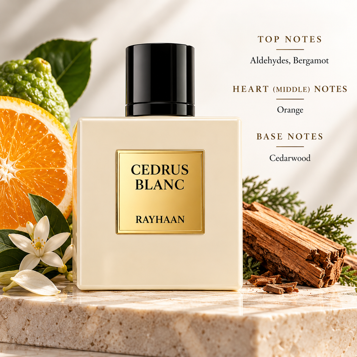 Rayhaan Cedrus Blanc presented in a sophisticated citrus-woody setting. Sparkling aldehydes and bergamot create a fresh, luminous opening, followed by a vibrant orange heart and a clean cedarwood base, surrounded by citrus, delicate blossoms and natural woods.