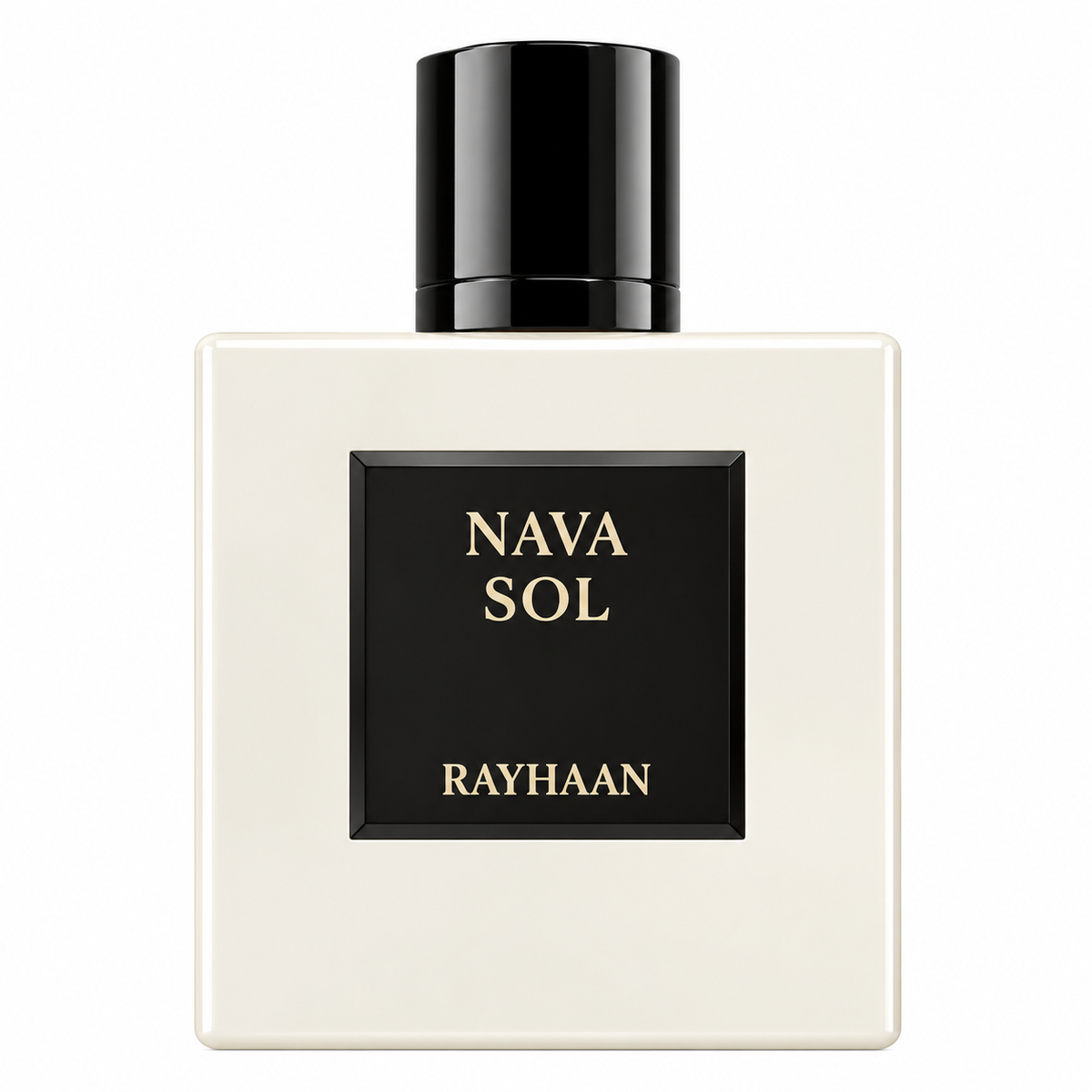 Rayhaan Nava Sol 100ml EDP, featuring a refined ivory square bottle with a glossy black cap and contrasting black plaque with elegant gold lettering, isolated on a pristine white background.