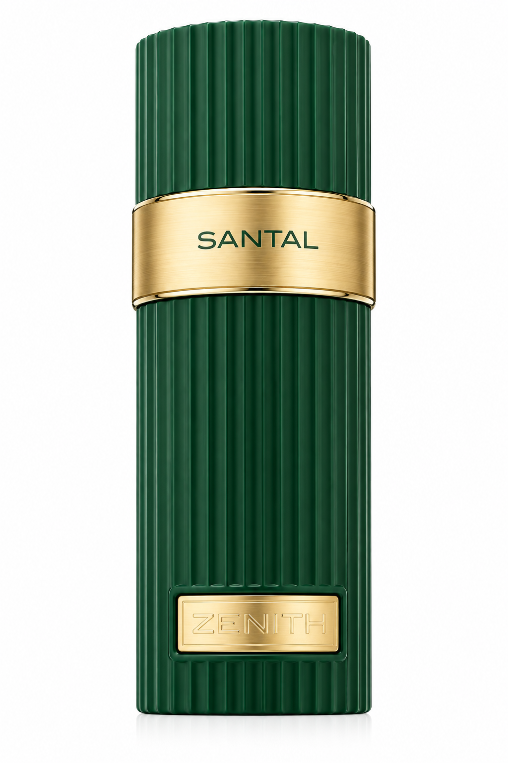 French Avenue Zenith Santal 100ml EDP, featuring a sophisticated deep emerald-green ribbed bottle with brushed gold detailing and minimalist Santal and Zenith branding, presented against a pristine white background.