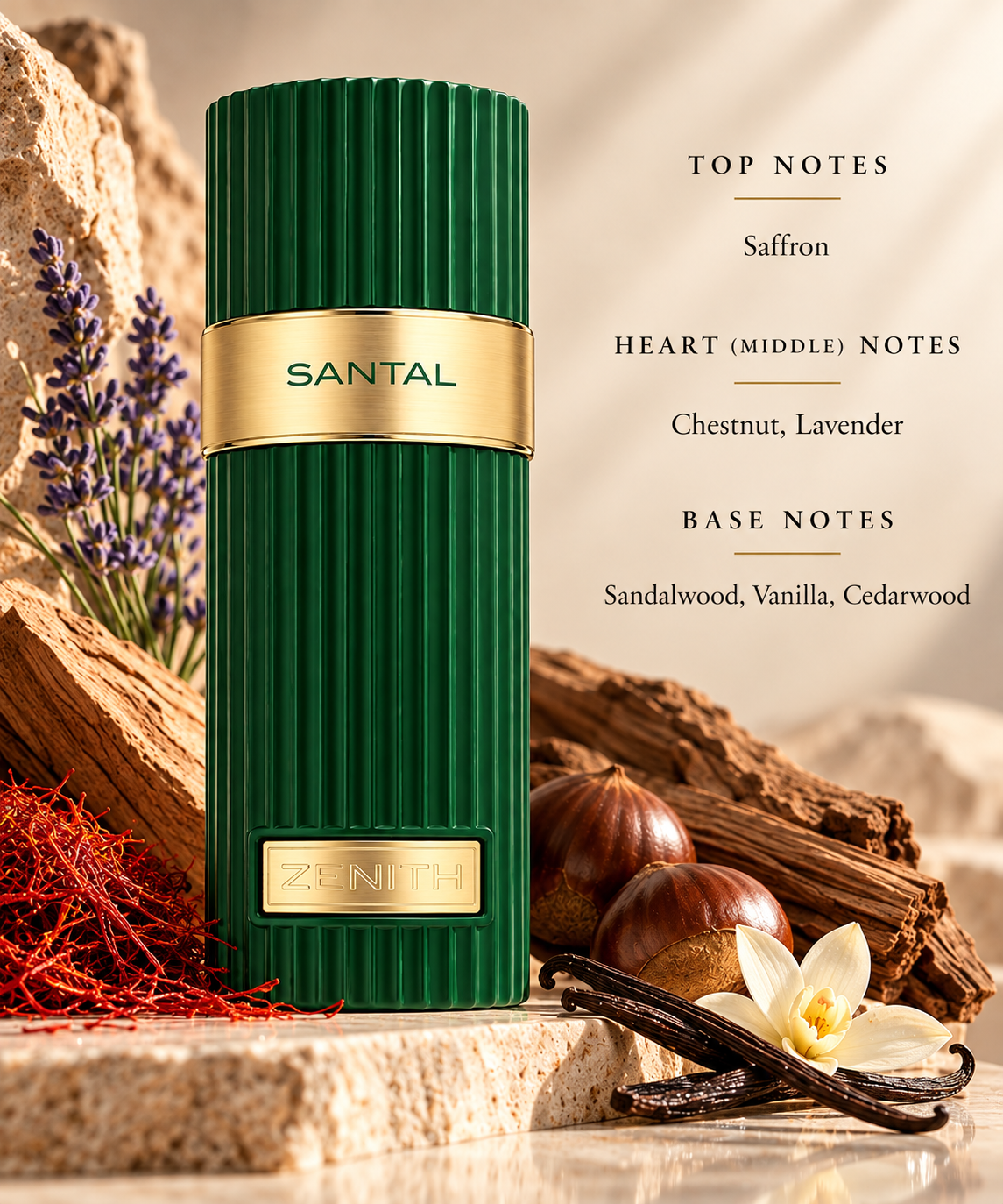 French Avenue Zenith Santal presented in a warm, refined woody-gourmand setting. Saffron creates an elegant opening, followed by creamy chestnut and aromatic lavender, while sandalwood, vanilla and cedarwood form a smooth, warm and sophisticated base.