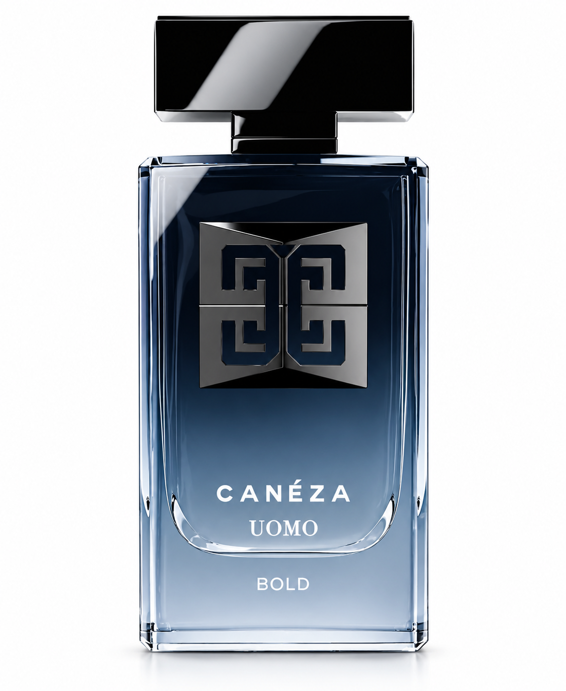Canéza Uomo Bold perfume bottle with a deep navy-to-light blue gradient, glossy black cap and geometric metallic emblem, presented on a clean white background.