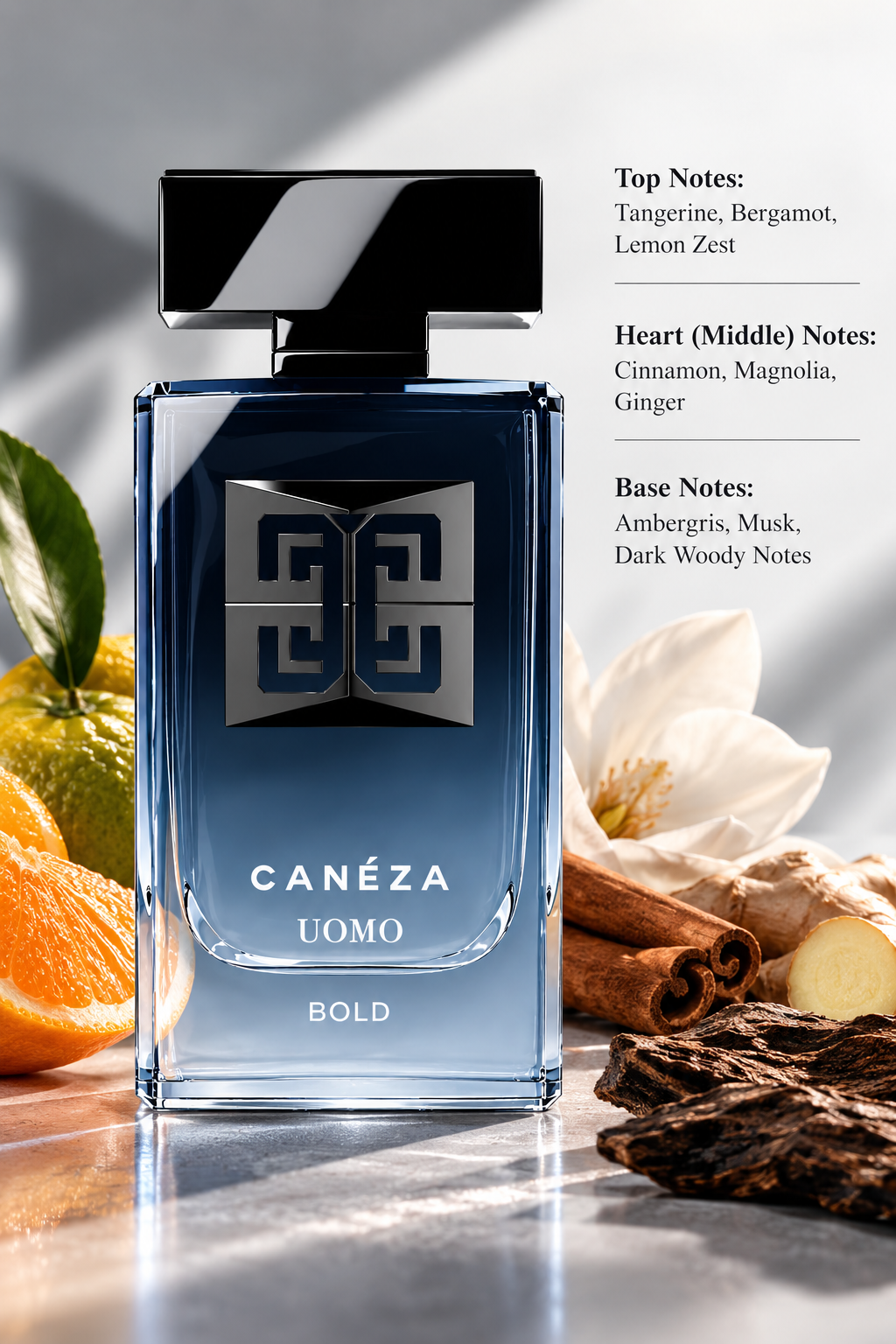 Canéza Uomo Bold perfume bottle in an elegant composition with citrus fruits, magnolia, cinnamon, ginger and dark woods, highlighting its fresh citrus, spicy, musky and woody fragrance profile.