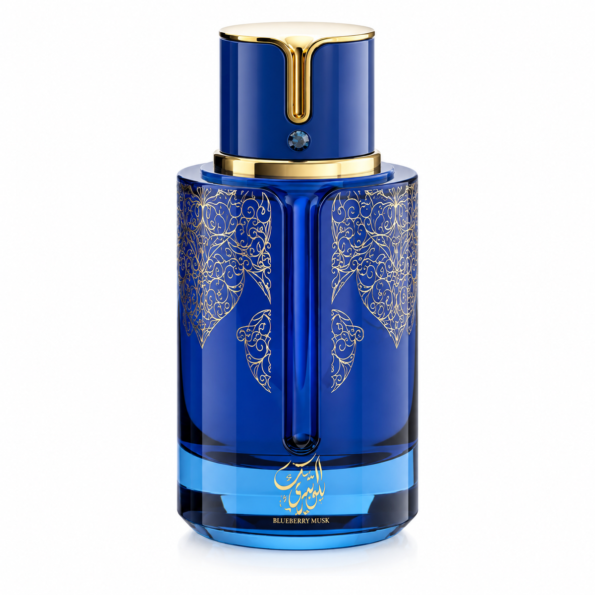 Arabiyat Prestige Blueberry Musk 100ml EDP, featuring a luxurious deep cobalt-blue bottle with intricate gold ornamental detailing, a polished gold-trimmed cap and jewel accent, presented against a pristine white background.