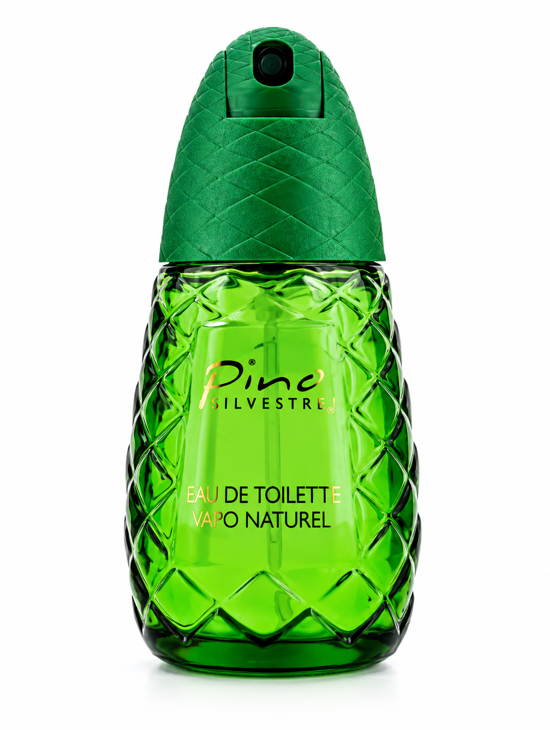 Pino Silvestre Eau de Toilette presented in its distinctive pinecone-inspired green glass bottle, featuring a textured dark green spray top, vivid green fragrance and classic gold-and-black Pino Silvestre branding, photographed against a clean pure white background.