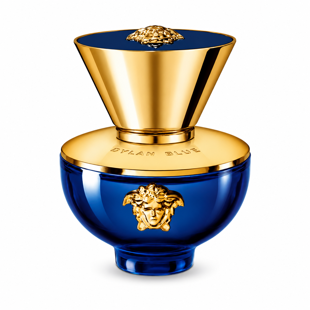 Versace Dylan Blue Pour Femme Eau de Parfum bottle isolated on a white background, featuring a deep cobalt blue rounded glass bottle with luxurious gold accents, the iconic Medusa emblem on the front, and an elegant gold cap, reflecting the fragrance's sophisticated and modern character.