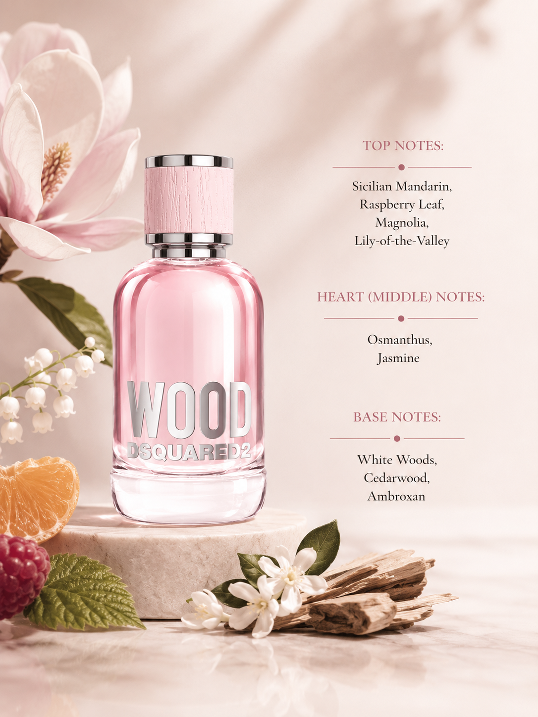 Dsquared2 Wood Pour Femme Eau de Toilette with fragrance notes, displayed beside magnolia, lily-of-the-valley, mandarin, raspberry, jasmine and white woods, highlighting its fresh floral woody composition.