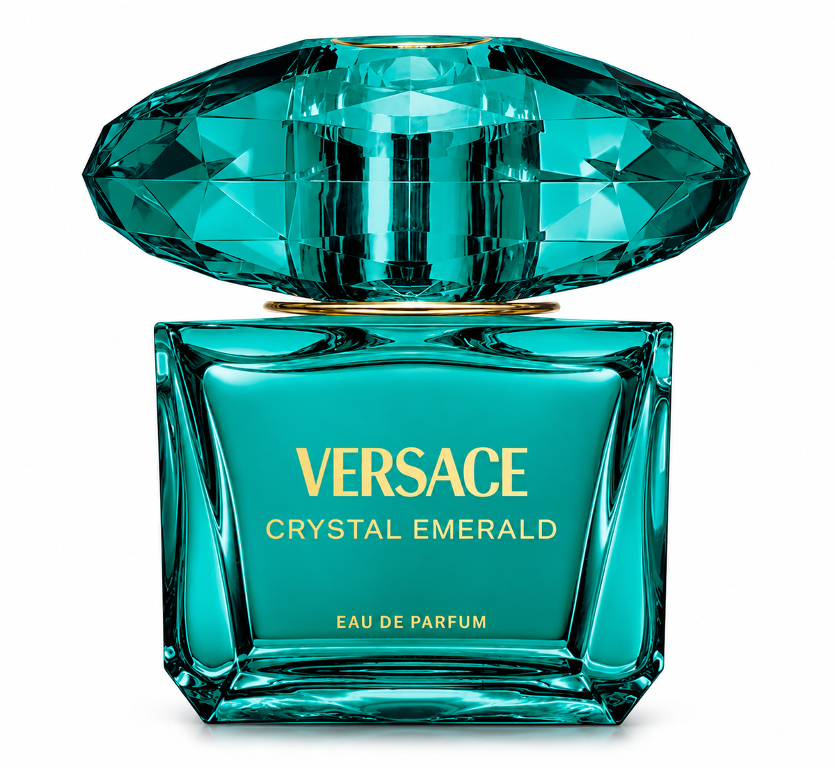 Versace Crystal Emerald Eau de Parfum presented in a striking emerald-turquoise glass bottle with a large faceted jewel-inspired cap, elegant gold accents and signature Versace lettering, photographed against a clean pure white background.