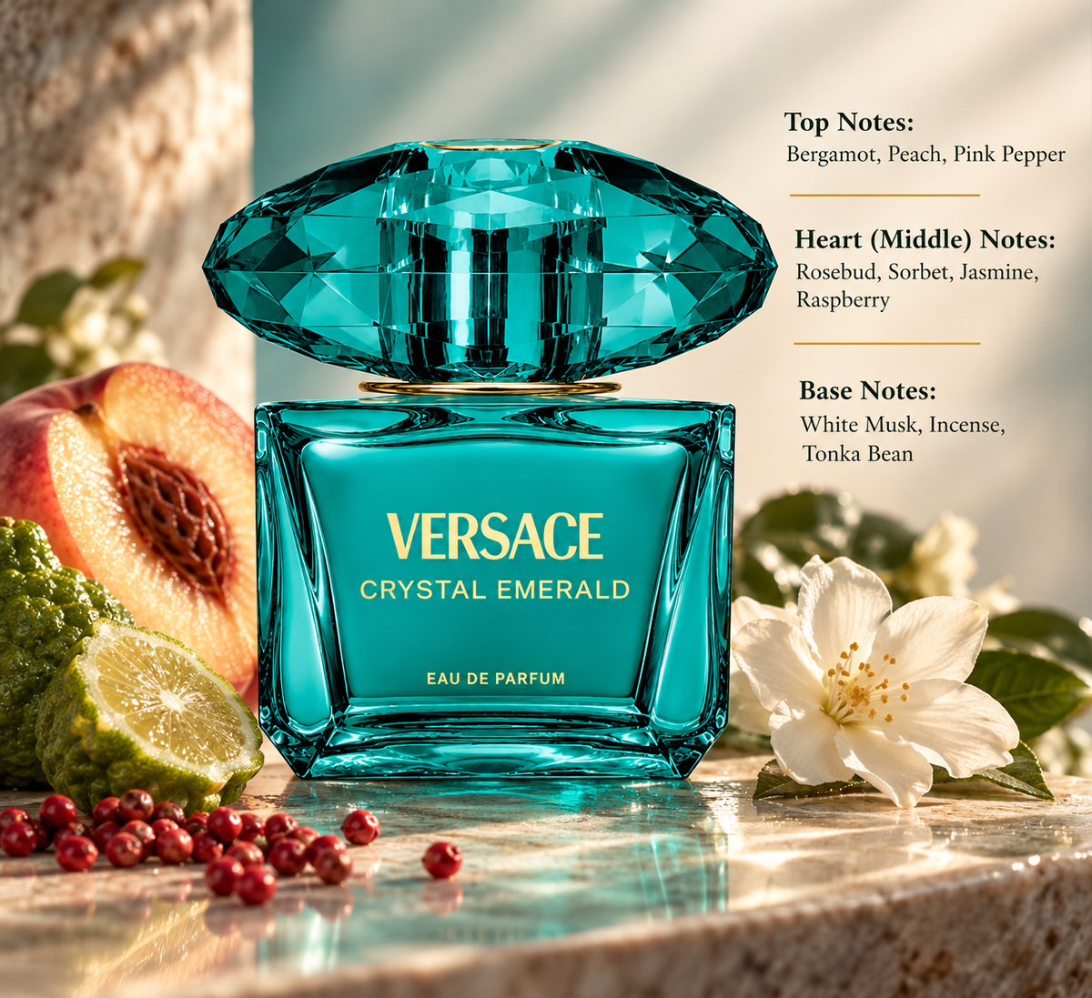 Versace Crystal Emerald Eau de Parfum presented in an elegant, luminous setting inspired by its fruity, floral and musky composition, featuring bergamot, peach and pink pepper, a heart of rosebud, sorbet, jasmine and raspberry, and a soft base of white musk, incense and tonka bean.