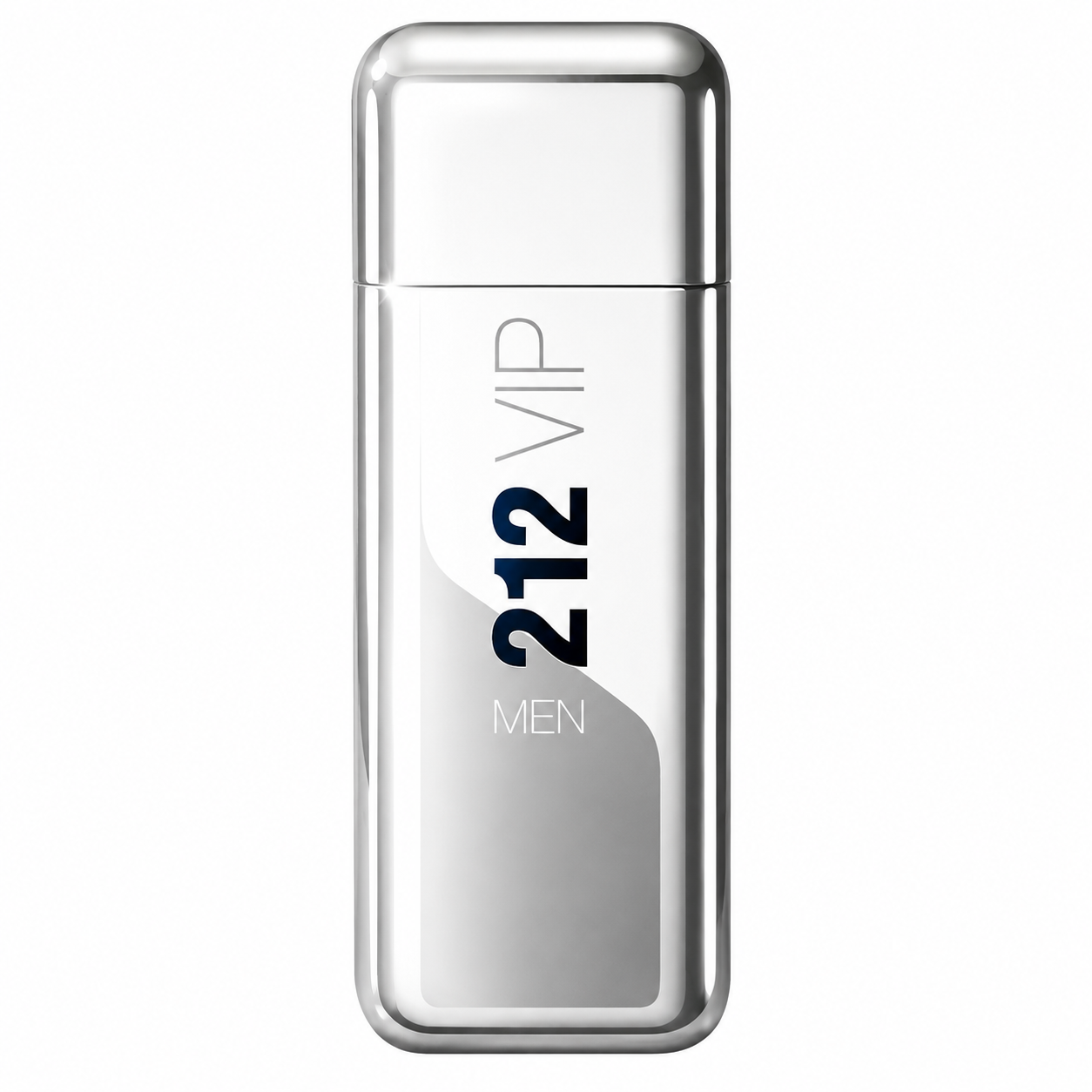 Carolina Herrera 212 VIP Men 100ml EDT elegantly presented on a pure white background, showcasing its sleek metallic silver bottle with a modern minimalist design, polished reflective finish and premium urban aesthetic that highlights its sophisticated masculine character.