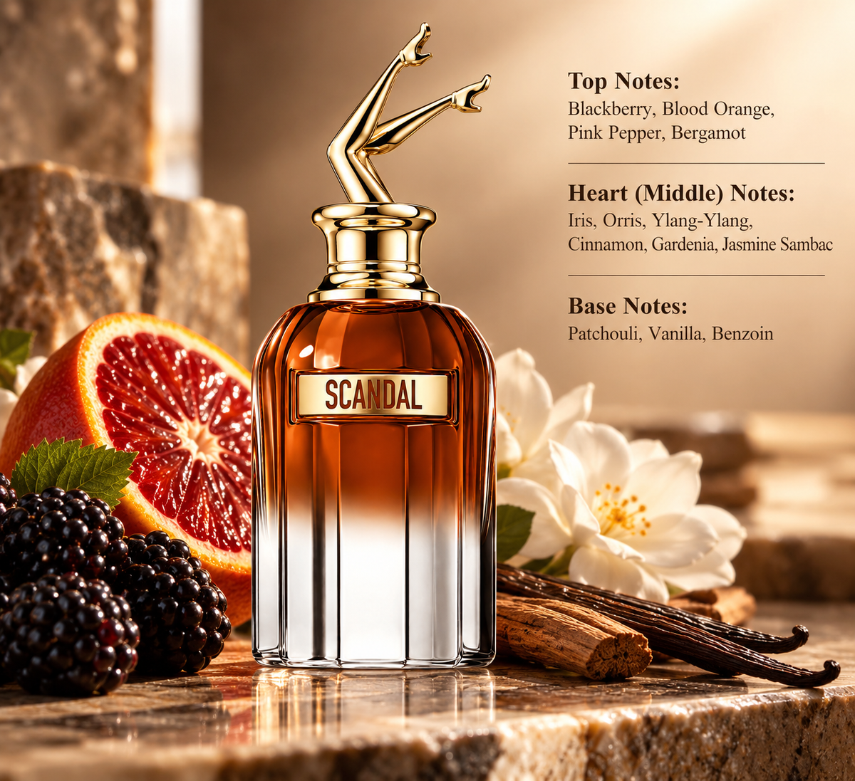 Jean Paul Gaultier Scandal women’s perfume bottle in an elegant warm setting with blackberry, blood orange, white flowers, vanilla and woody accents inspired by its rich floral fragrance profile.