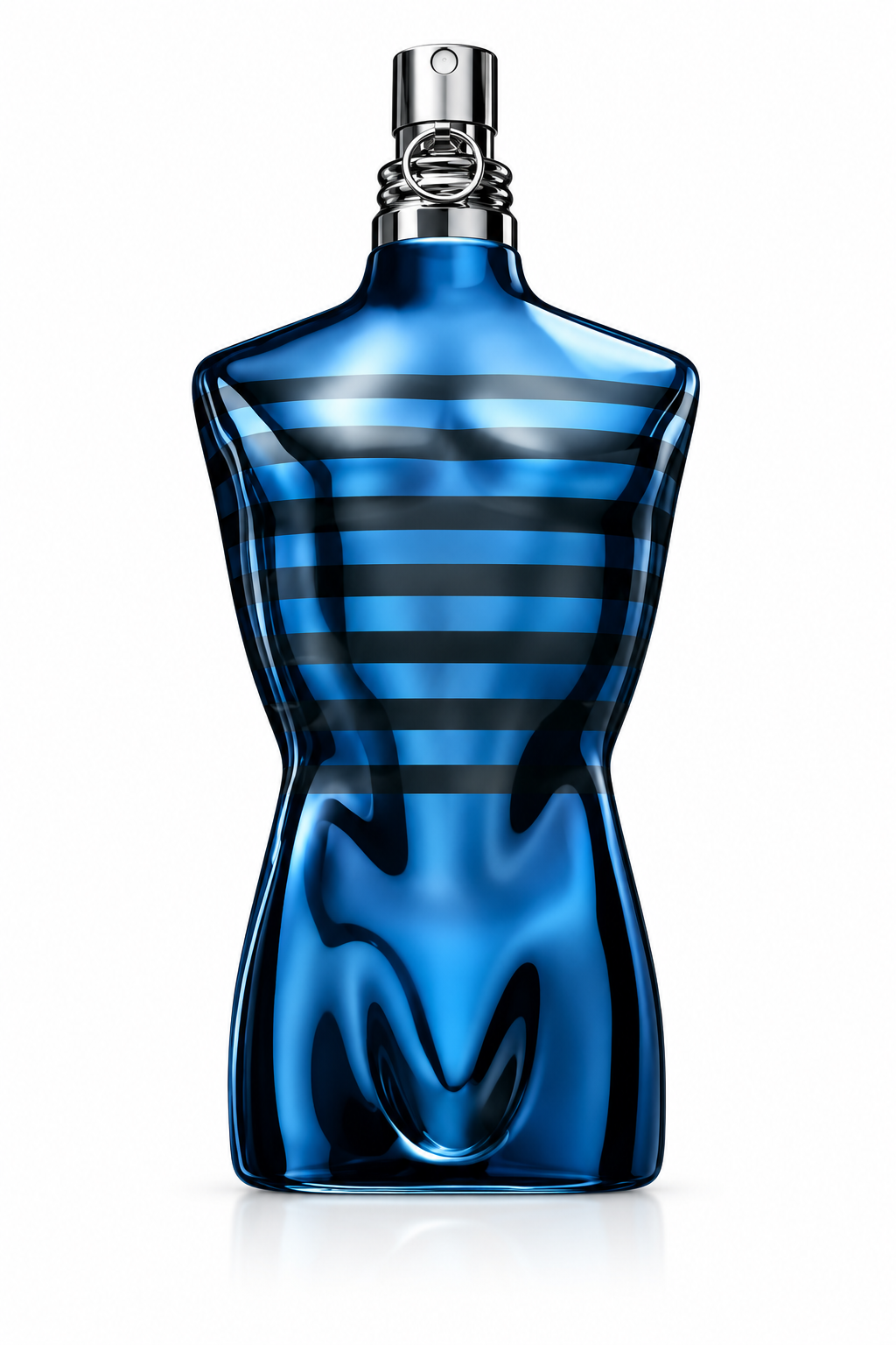 Jean Paul Gaultier Ultra Male fragrance bottle for men, featuring the iconic sculpted torso design in metallic deep blue with black sailor stripes and a silver spray collar on a clean white background.