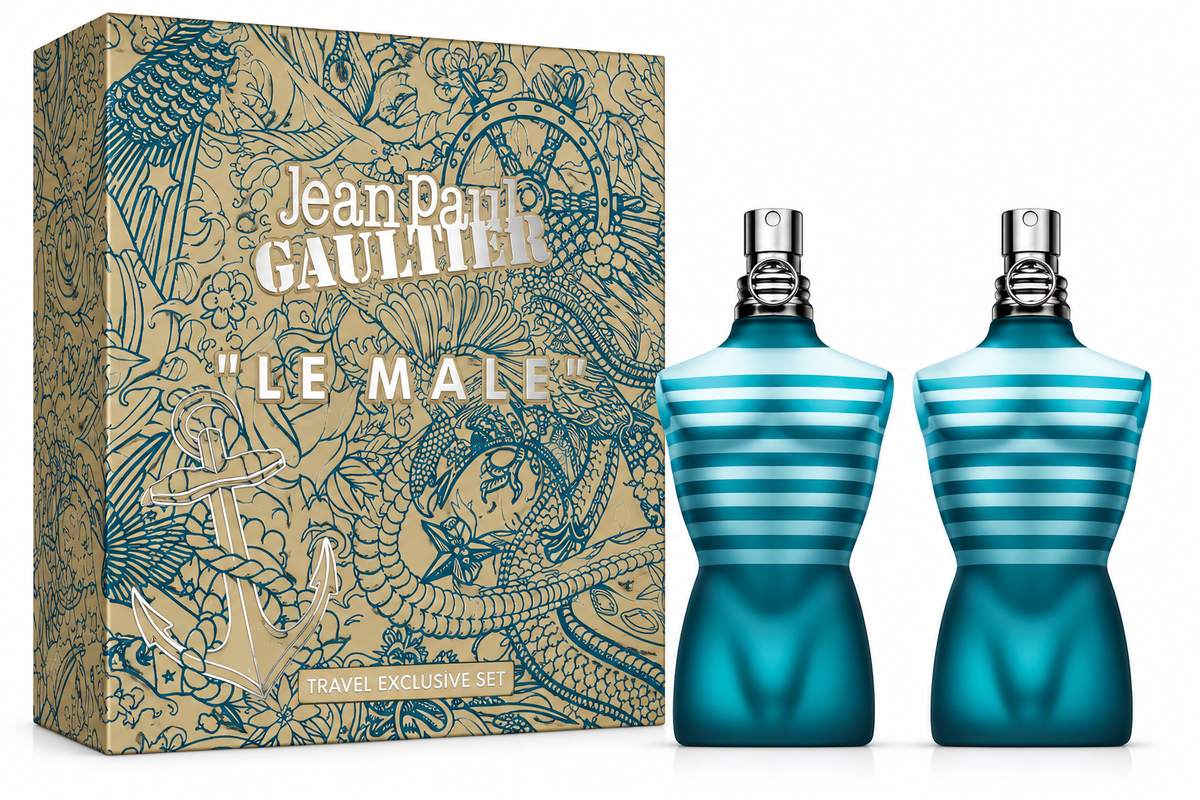 Jean Paul Gaultier Le Male Travel Exclusive gift set featuring two iconic turquoise striped torso fragrance bottles alongside an ornate gold and blue nautical gift box with anchor design.