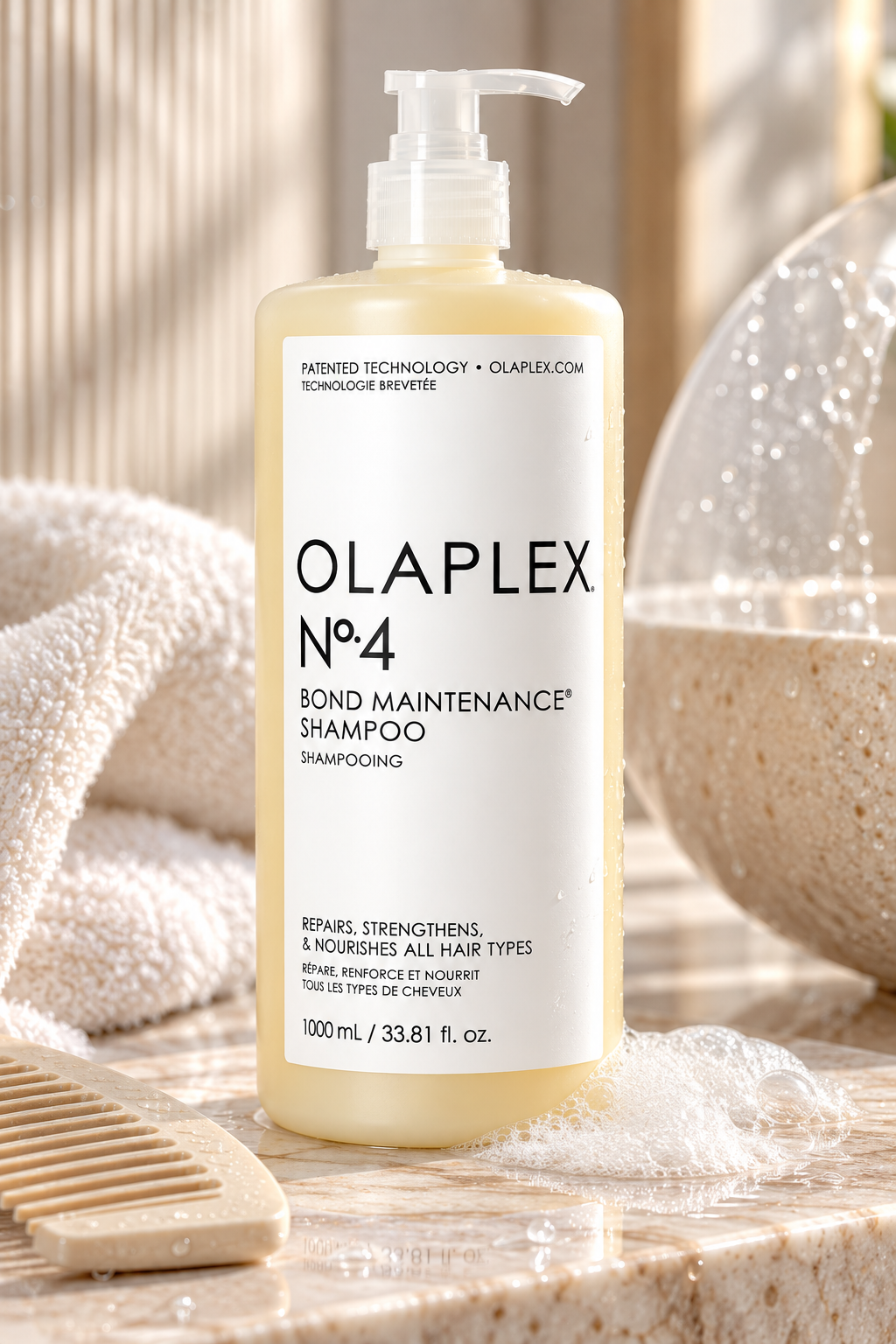 OLAPLEX No.4 Bond Maintenance Shampoo 1000ml displayed in an elegant haircare setting, a strengthening and nourishing shampoo designed to cleanse, repair and maintain healthy-looking hair.