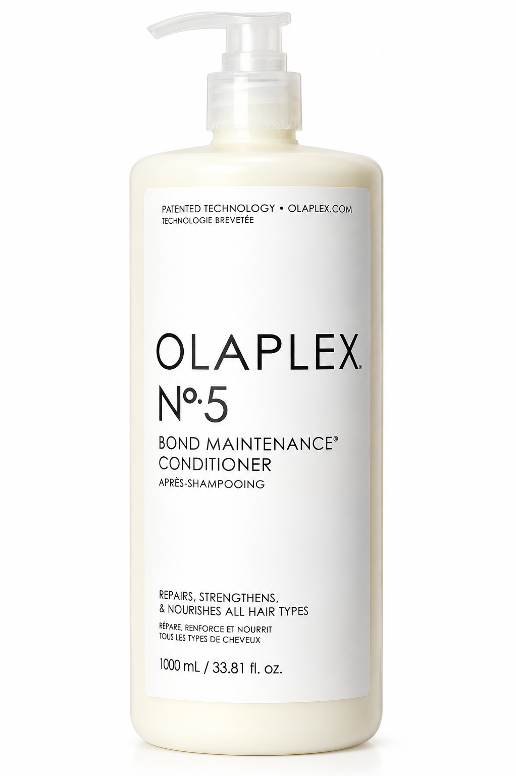 OLAPLEX No.5 Bond Maintenance Conditioner 1000ml professional-size bottle with pump, a nourishing conditioner formulated to repair, strengthen and hydrate all hair types.
