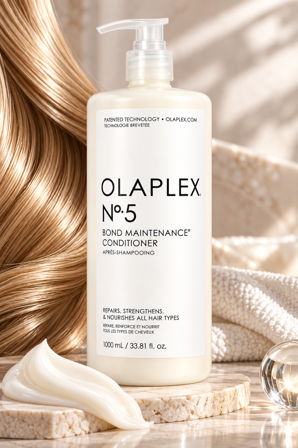 OLAPLEX No.5 Bond Maintenance Conditioner 1000ml displayed with smooth, glossy hair and creamy conditioner texture, highlighting its strengthening, nourishing and repairing hair care benefits.