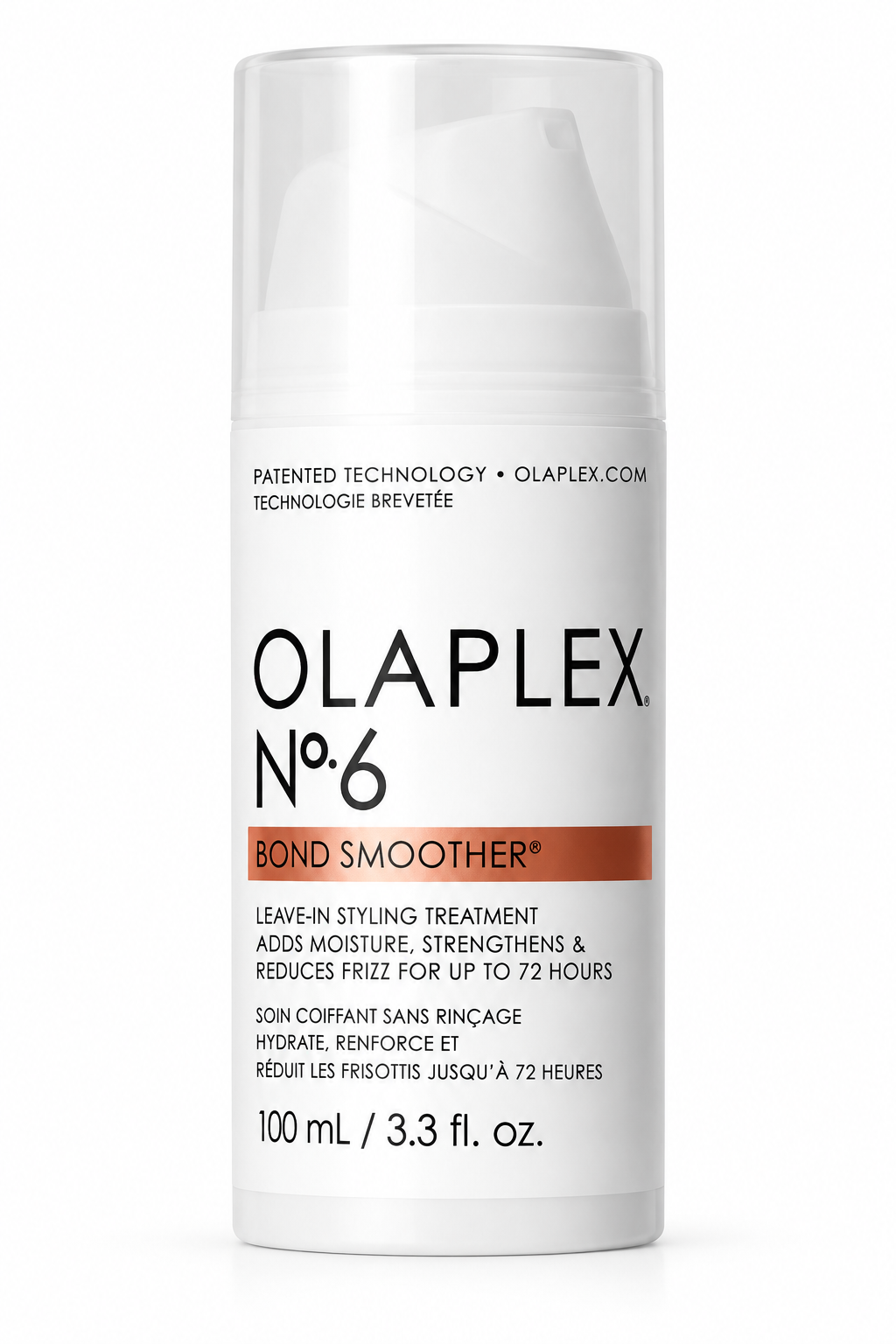 OLAPLEX No.6 Bond Smoother 100ml leave-in styling treatment in its signature white pump bottle, designed to moisturize, strengthen and help reduce frizz for smoother, more manageable hair.