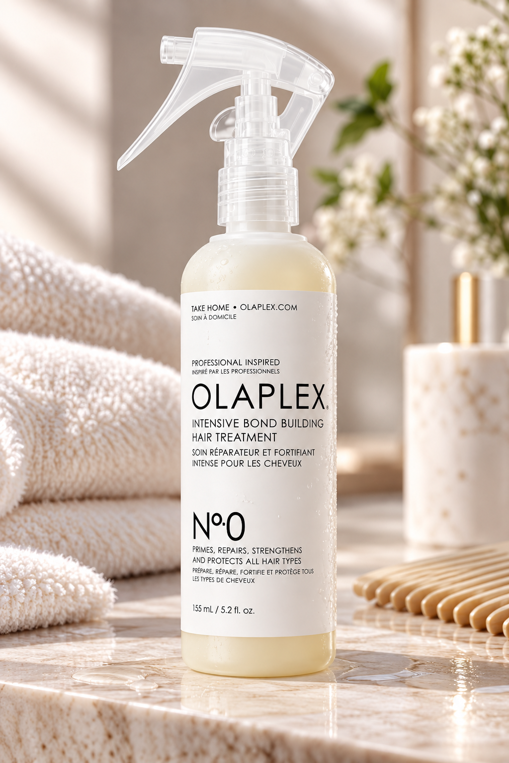 OLAPLEX No.0 Intensive Bond Building Hair Treatment 155ml displayed in an elegant haircare setting, a professional-inspired treatment formulated to prime, repair, strengthen and protect the hair.