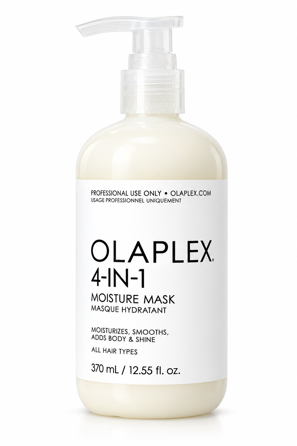 OLAPLEX 4-IN-1 Moisture Mask 370ml professional hair treatment with pump dispenser, an intensive moisturizing mask designed to smooth, hydrate, add body and enhance shine for all hair types.