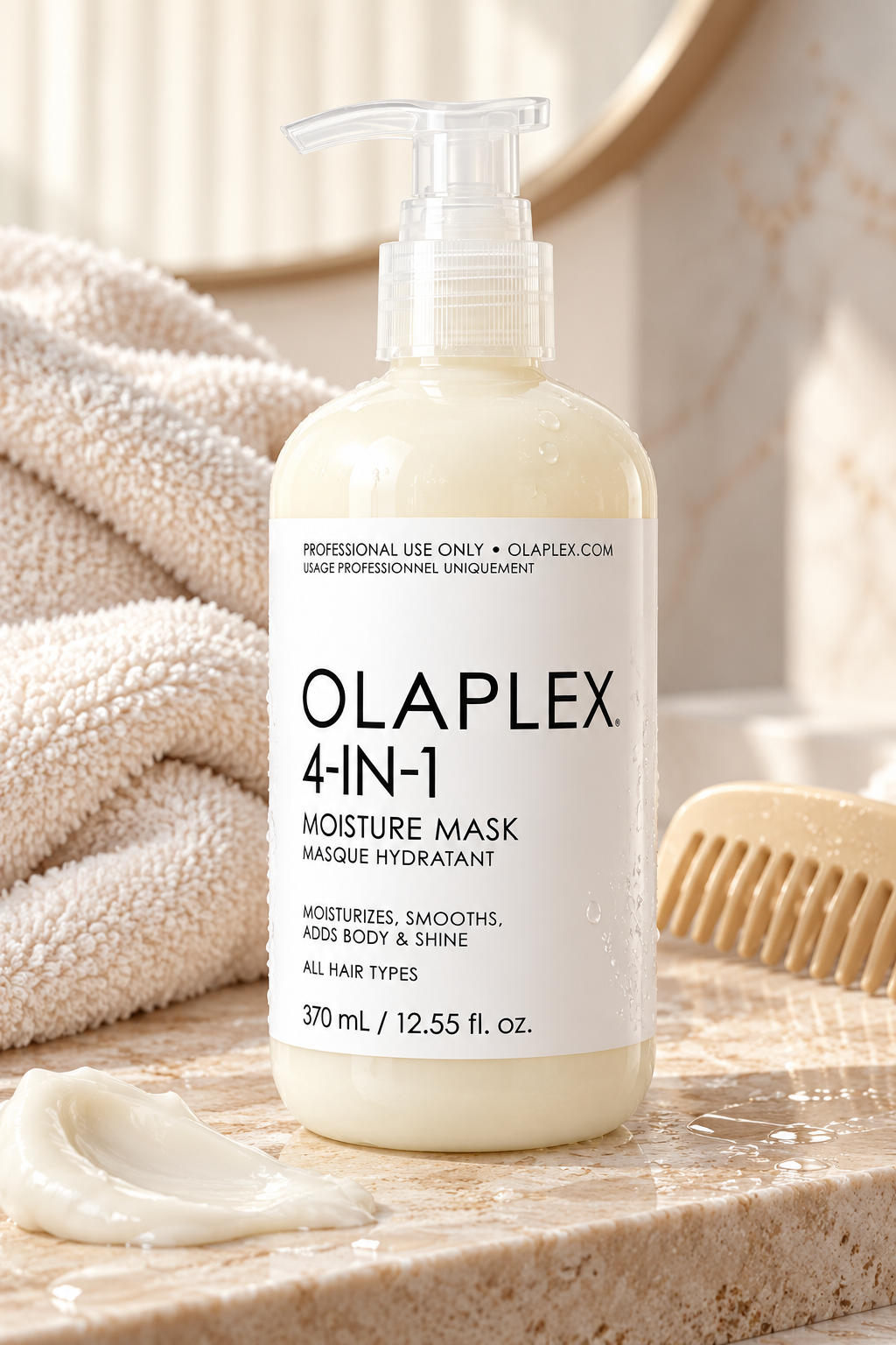 OLAPLEX 4-IN-1 Moisture Mask 370ml displayed in an elegant professional haircare setting, a deeply moisturizing treatment formulated to smooth, hydrate and leave all hair types with enhanced body and shine.