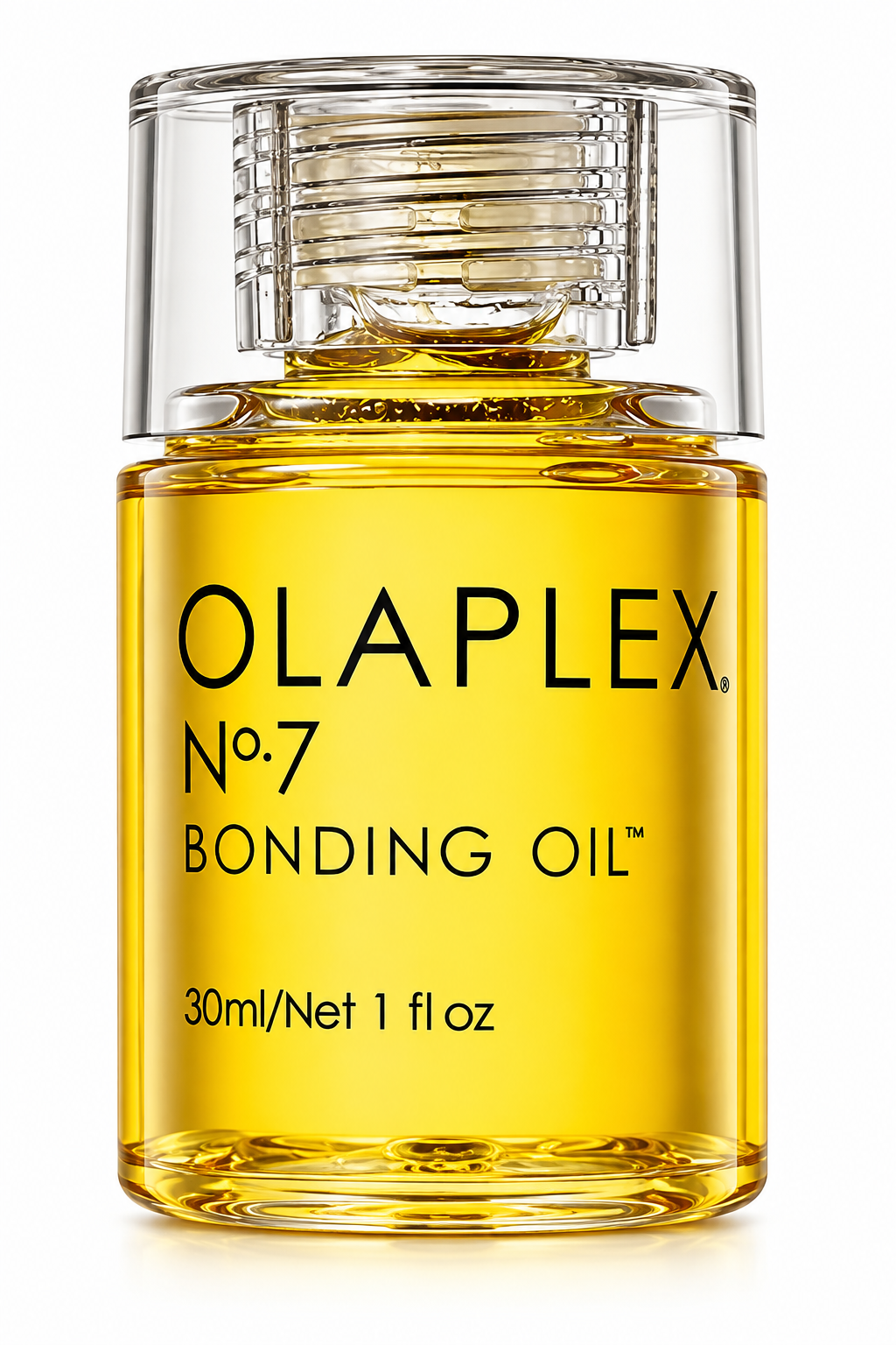 OLAPLEX No.7 Bonding Oil 30ml hair treatment in its transparent bottle filled with golden oil, featuring the signature black OLAPLEX branding and clear cap on a clean white background.