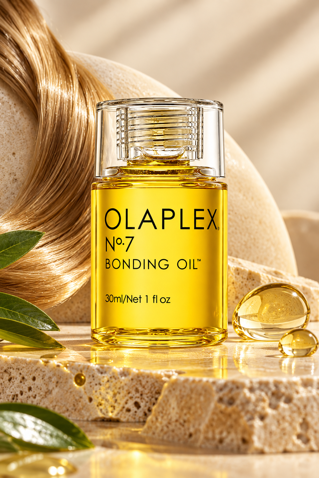 OLAPLEX No.7 Bonding Oil 30ml displayed in an elegant golden haircare setting with glossy hair, botanical leaves and warm reflections, highlighting the lightweight shine-enhancing finishing oil.