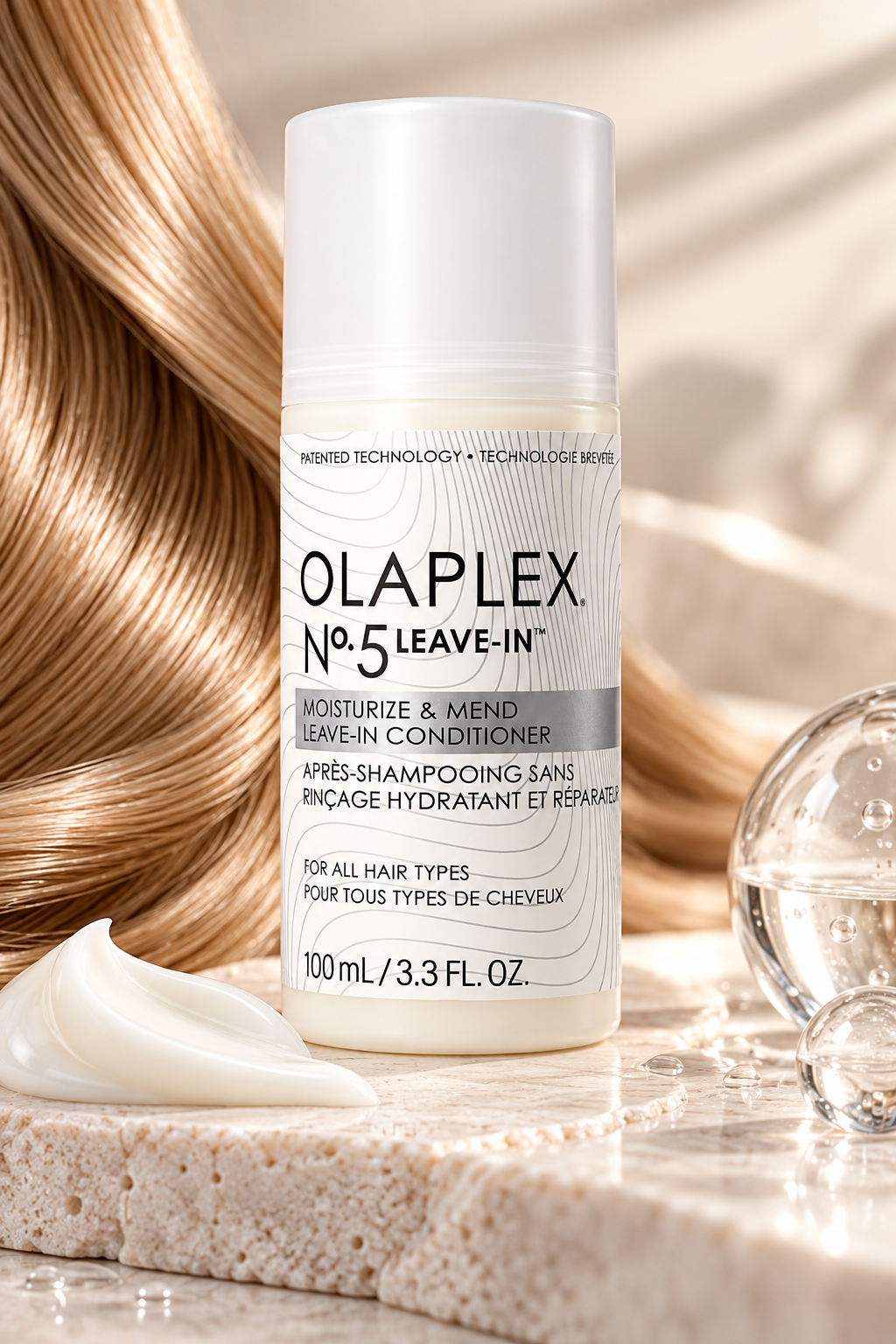 OLAPLEX No.5 Leave-In Moisturize & Mend Conditioner 100ml presented with smooth, glossy hair and creamy texture, highlighting a hydrating and repairing leave-in treatment for all hair types.