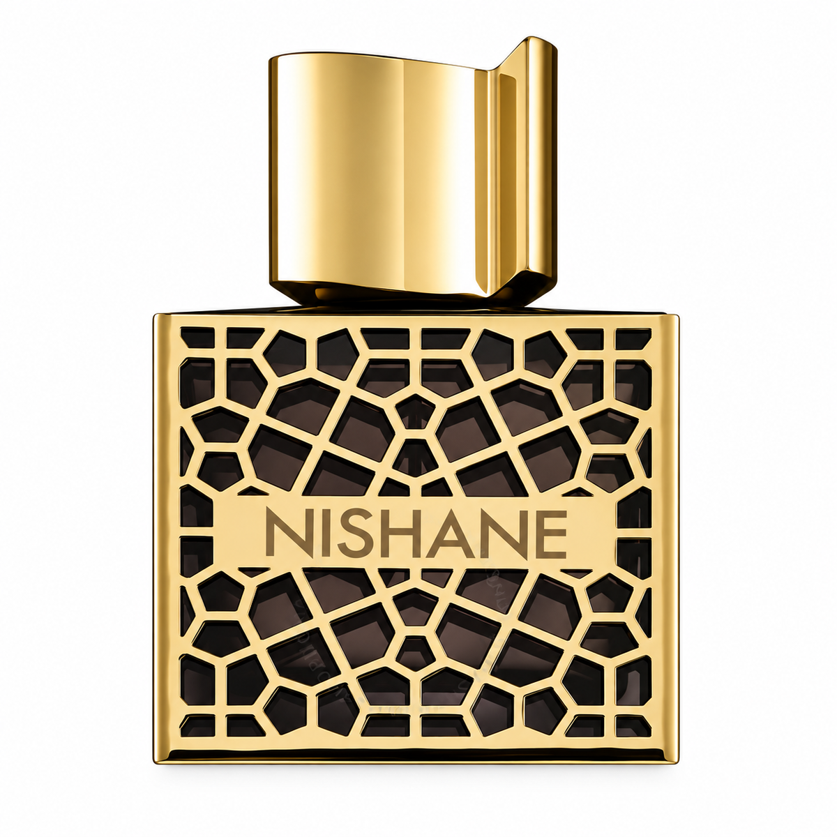 Nishane Nefs 50ml Extrait de Parfum presented in its distinctive luxurious bottle with an intricate polished gold geometric lattice, dark inner glass and sculptural gold cap, photographed against a clean pure white background.