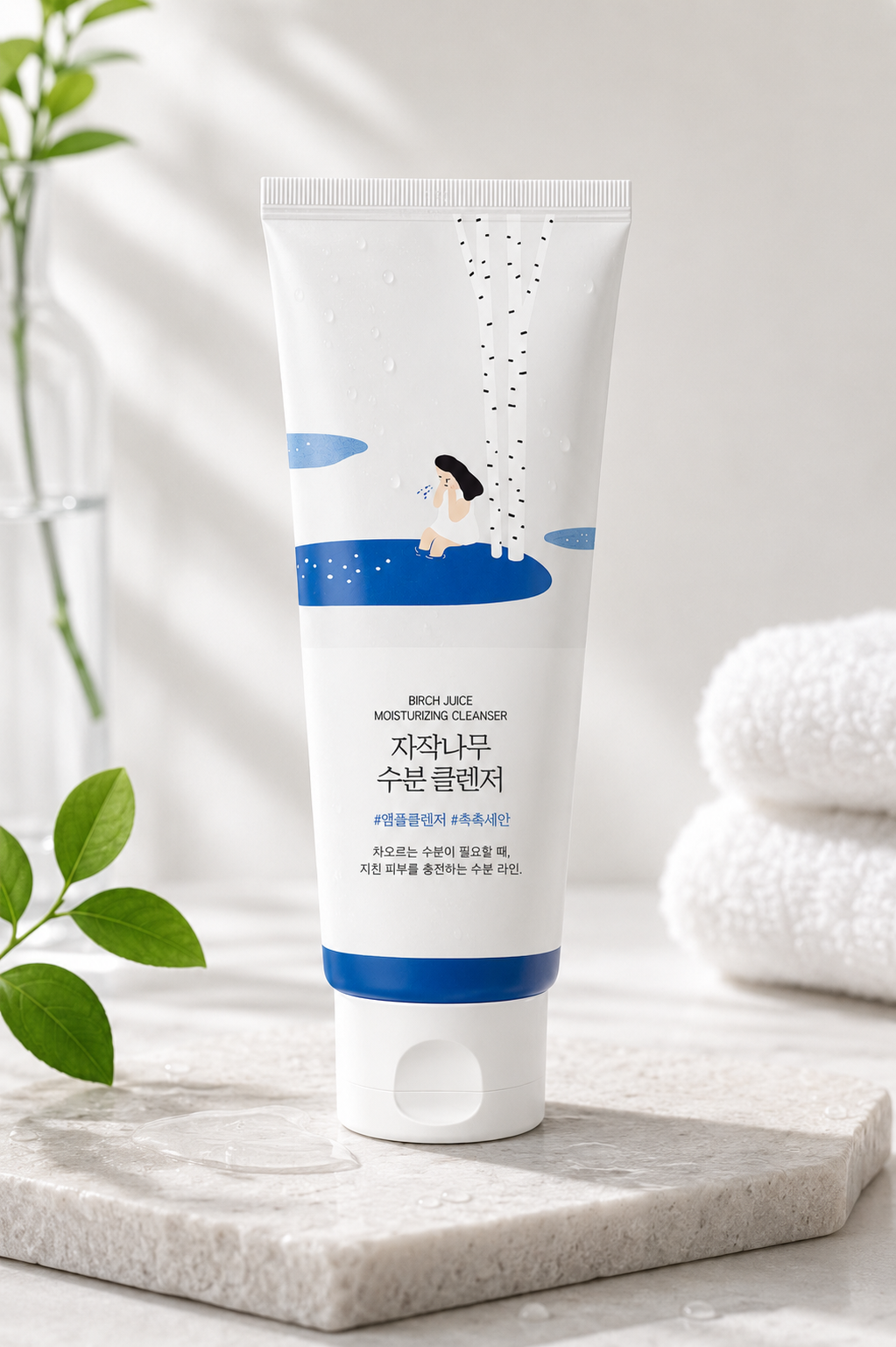 ROUND LAB Birch Juice Moisturizing Cleanser 150ml elegantly displayed on a natural stone tray in a bright minimalist skincare setting with soft daylight, fresh green botanical accents, delicate water droplets, clear glass décor and folded white towels, highlighting its hydrating birch sap formula, creamy gentle cleanse and clean Korean skincare aesthetic for healthy, balanced skin.