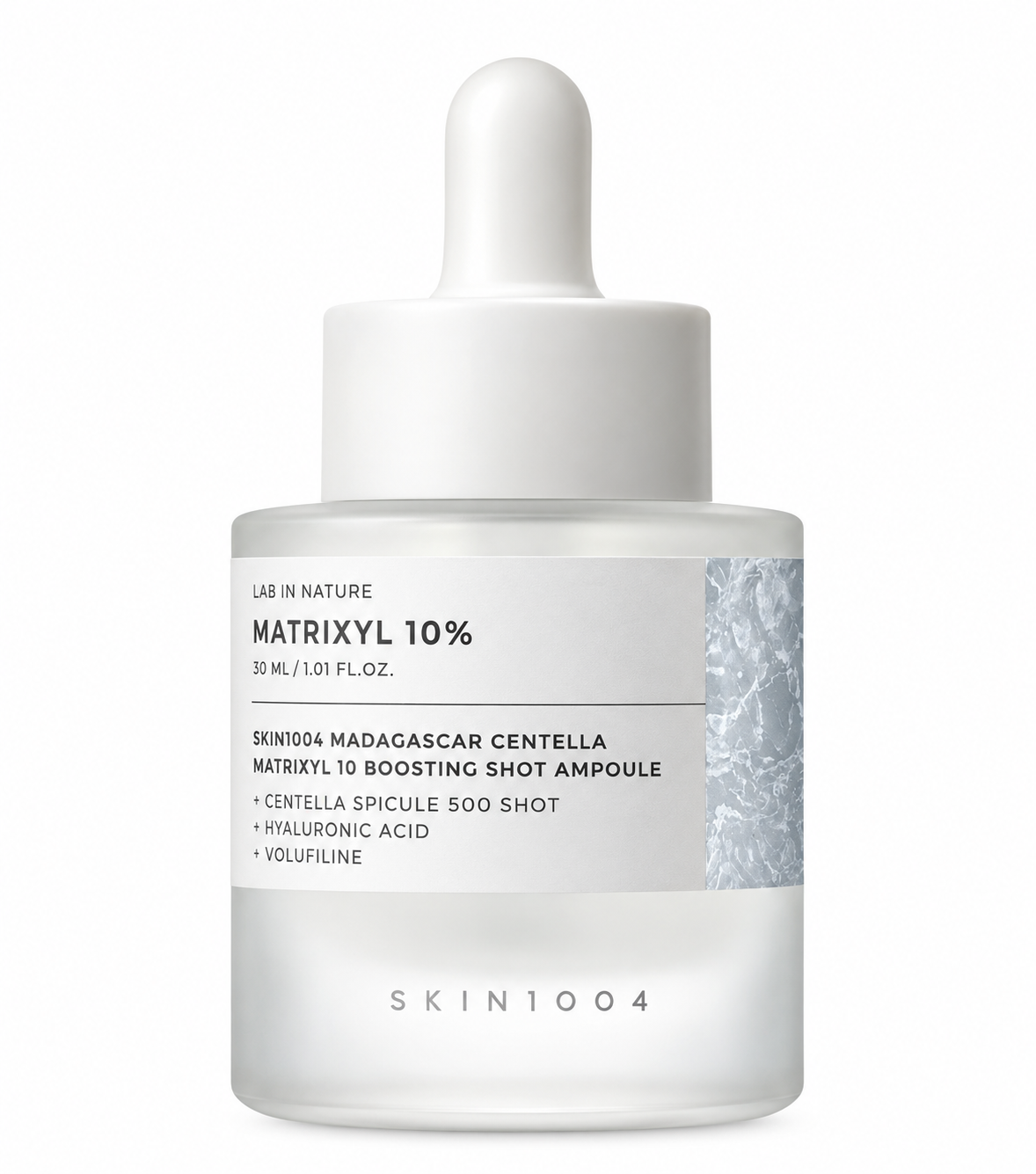 SKIN1004 Madagascar Centella Matrixyl 10 Boosting Shot Ampoule 30ml in a minimalist frosted glass dropper bottle, featuring Matrixyl 10%, Centella Spicule 500 Shot, hyaluronic acid and Volufiline, presented on a clean white background.
