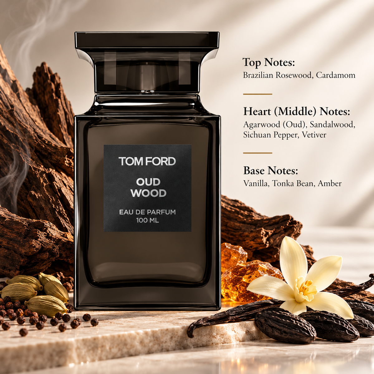 Tom Ford Oud Wood 100ml Eau de Parfum displayed in a warm, luxurious woody composition with oud, rosewood, sandalwood, cardamom, Sichuan pepper, vetiver, amber, vanilla and tonka bean elements, visually reflecting its rich, smoky, spicy and sensual woody character.