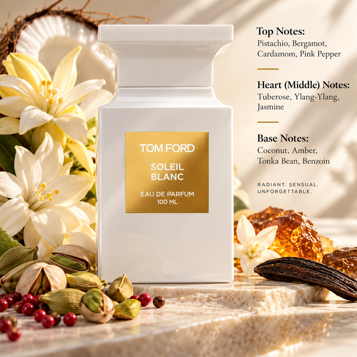 Tom Ford Soleil Blanc 100ml Eau de Parfum presented in a warm, sun-drenched luxury composition inspired by its creamy floral and amber character, surrounded by pistachio, cardamom, pink pepper, luminous white florals, coconut, amber and tonka bean. The elegant ivory, gold and warm neutral palette perfectly reflects the fragrance’s radiant, sensual and sophisticated identity.