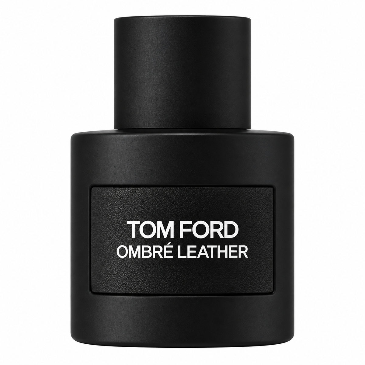 Tom Ford Ombré Leather 50ml Eau de Parfum presented in its distinctive matte black bottle with a textured leather-effect label and minimalist white Tom Ford branding, photographed against a clean white background.